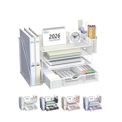 WALI Desk File Organizer, 4 Tier Desktop Paper Letter Tray Organizer with Drawer and 2 Pen Holders, Office Desk Accessories & Workspace Organizers for Office, Home Supplies(DO005DH-W), 1 Pack, White