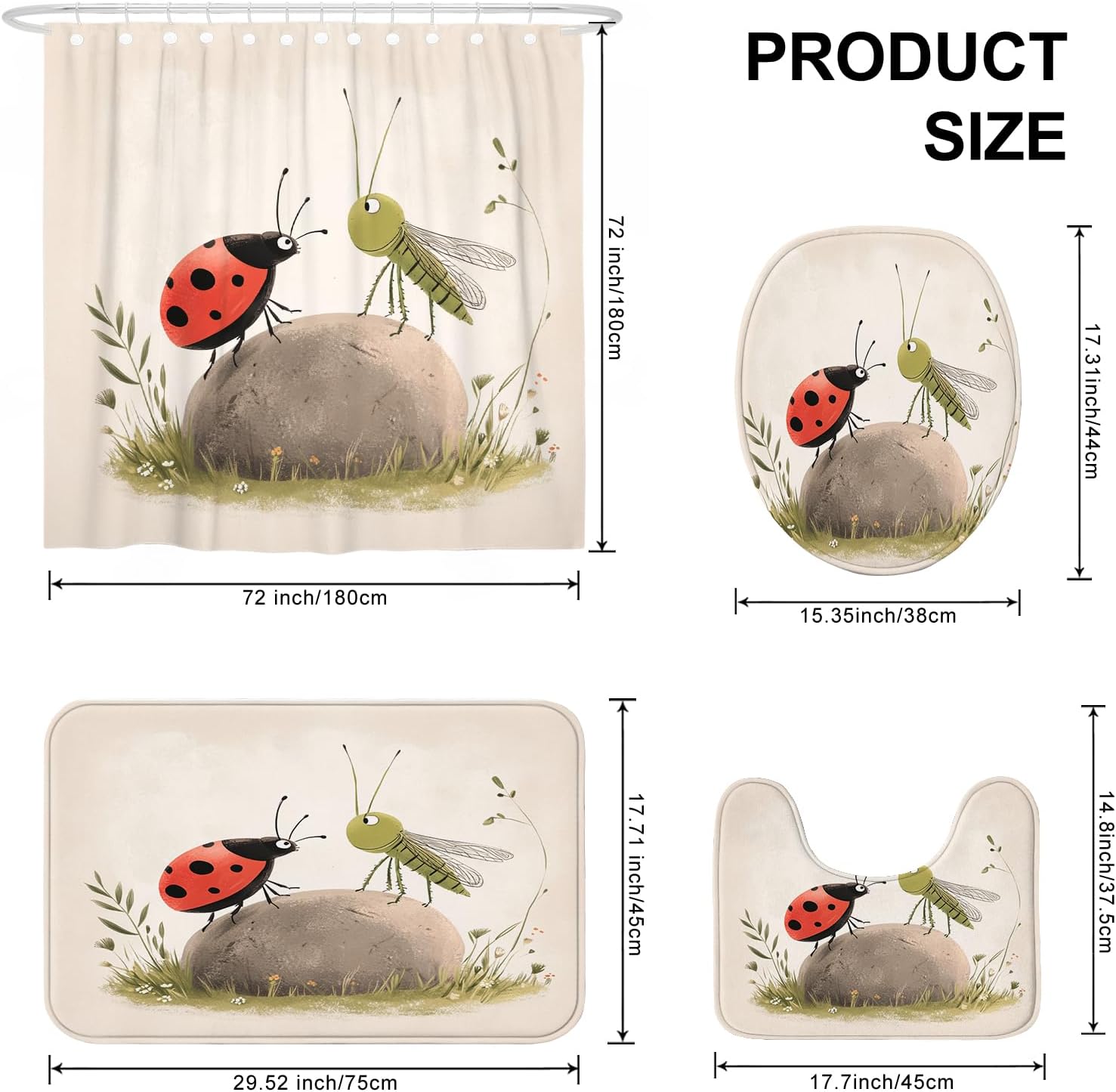 DESIHOM 4PCS Cartoon Kids Ladybug Shower Curtain Sets with Non-Slip Rug, U Shape and Toilet Lid Cover Mat, Anime Fun Insect Home Decor, Bathroom Accessory with 12 Hooks