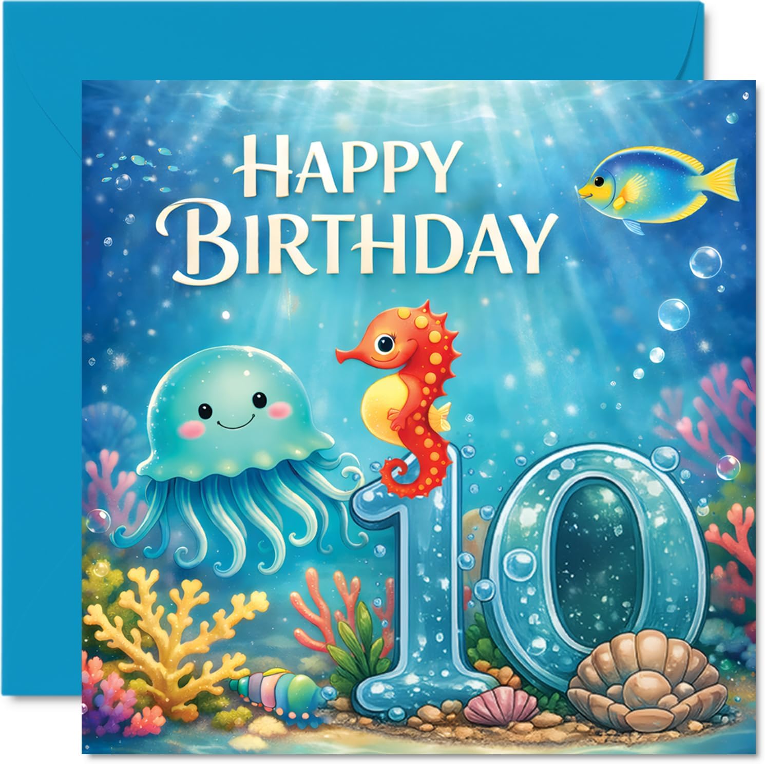 Stuff4 Playful 10th Birthday Card - Dive into Birthday Fun - Cheery Underwater Scene with Jellyfish, Seahorse and Vibrant Coral - 5.7 Inch Square, Envelope Included