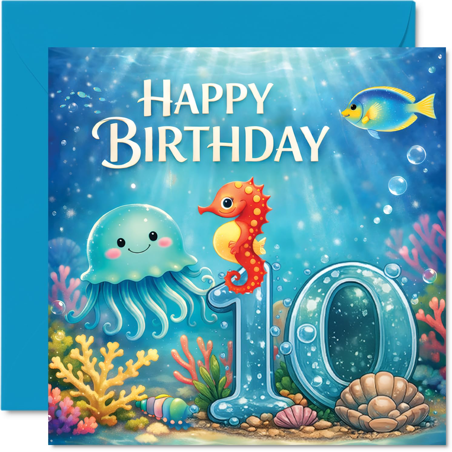 Playful 10th Birthday Card - Dive into Birthday Fun - Cheery Underwater Scene with Jellyfish, Seahorse and Vibrant Coral - 145mm Square, Envelope Included
