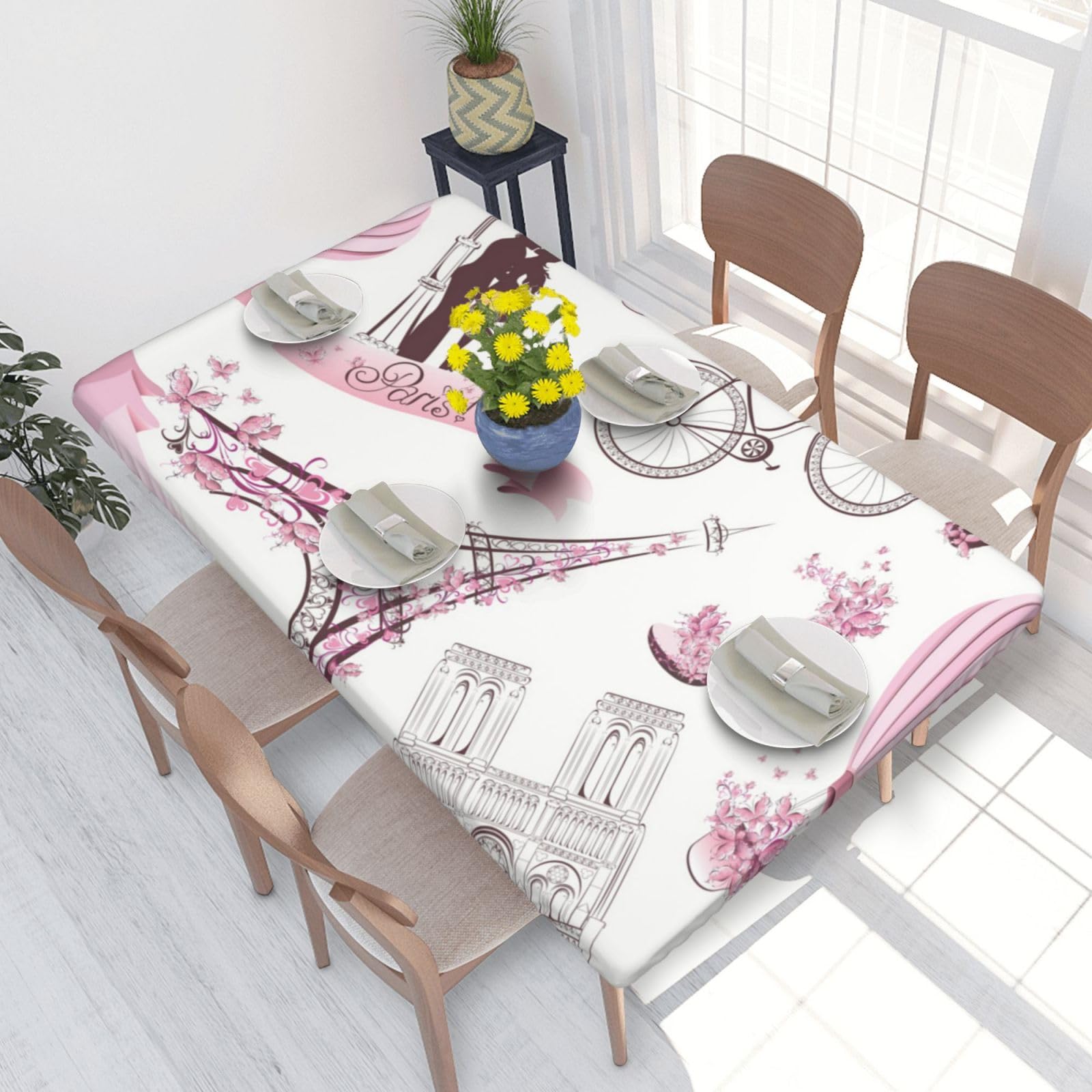BNVSADC Romantic Paris Butterfly Eiffel Printed 4FT Tablecloth 122x76 CM Polyester Kitchen Water Resistant Table Cloth Dining Table Decoration Table Covers