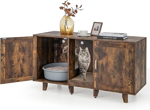 Miniatura 10 de Tangkula Caja de arena doble para gatos para 2 gatos, gran armario apilable oculto para baño de gatos con tabla de rascar, soporte de TV para casa