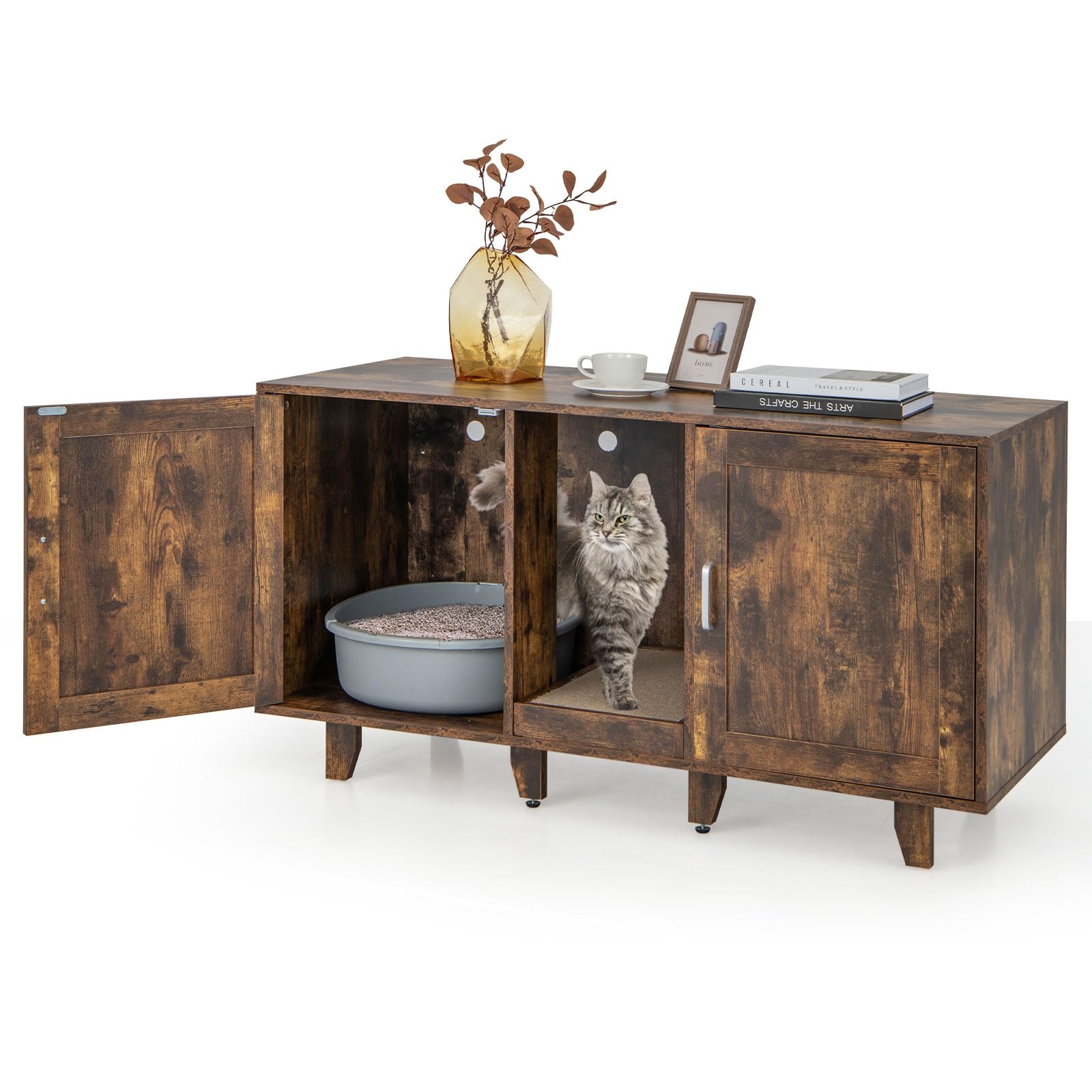 GYMAX 2-Door Cat Litter Box Enclosure, Large Stackable Hidden Privacy Kitty Washroom Furniture Cabinet with Winding Entry and Scratching Board, Indoor Cat House TV Stand Side Table (Industrial Brown)
