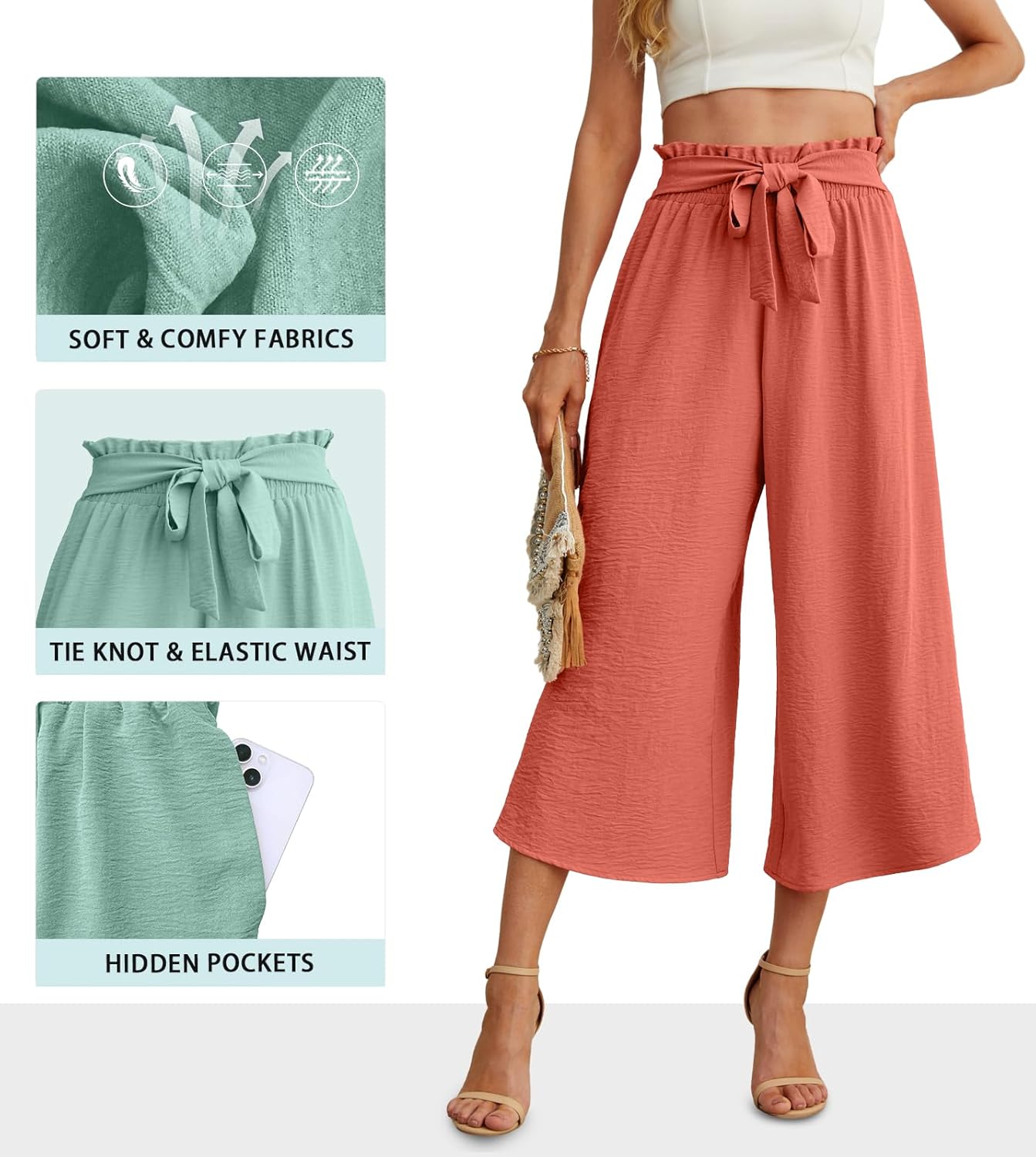 IWOLLENCE Women Flowy Loose Wide Leg Pant Summer Beach Casual Trousers high Waist Adjustable Knot Business Work Casual Pants - Image 2