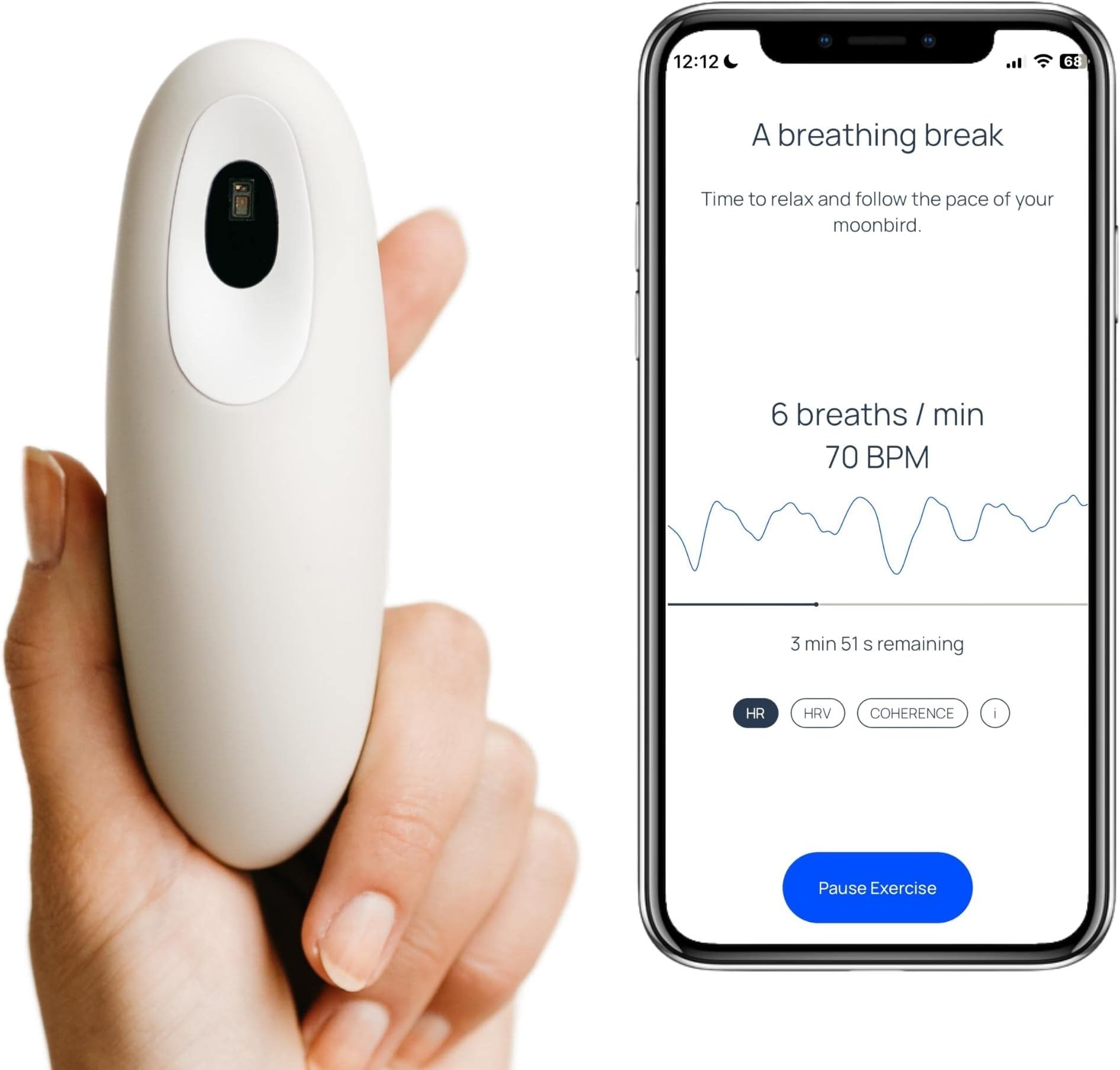 Moonbird Breathing Tool for Relaxation & Sleep Support – Guided Breathwork for Calm, Meditation & Stress Support – Portable & Rechargeable – Soft White