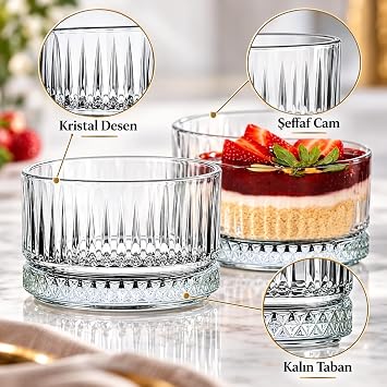 Deinhaus 6’lı Kristal Desenli Cam Kase Seti, Şeffaf Yuvarlak 8 cm, 200 ml Tatlı, Meze ve Çerez Sunum Kasesi, Bulaşık Makinesinde Yıkanabilir