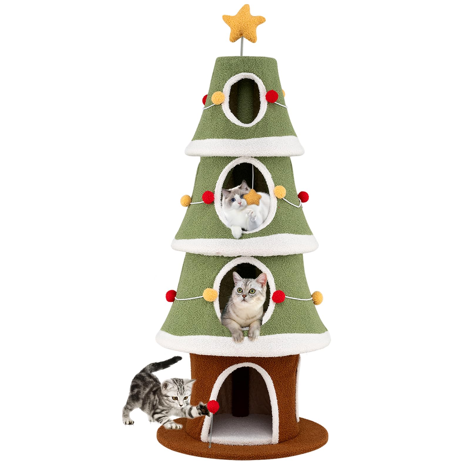 COSTWAY Cat Tree, Christmas Tree Shape Cats Tower with Condos, Scratching Post/Board, Dangling Balls, Multi-Level Kitten Activity Trees for Indoor Cats (154cm Tall)