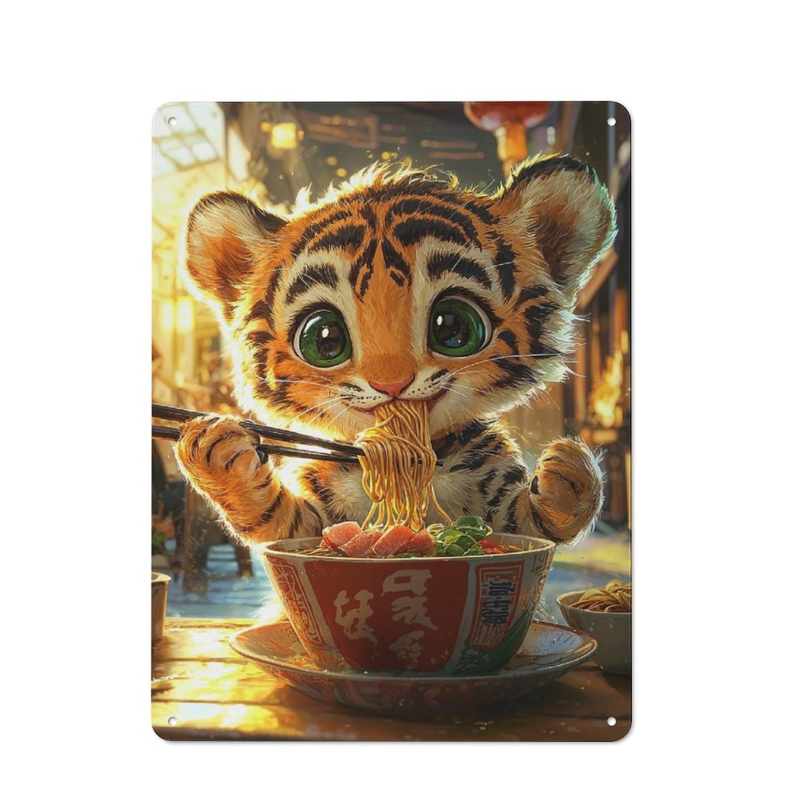 Loft Style Metal Wall Art Sign 40x30cm Featuring Tiger Eating Ramen, Urban Room Decor for Loft, Studio, Office Or Creative Room