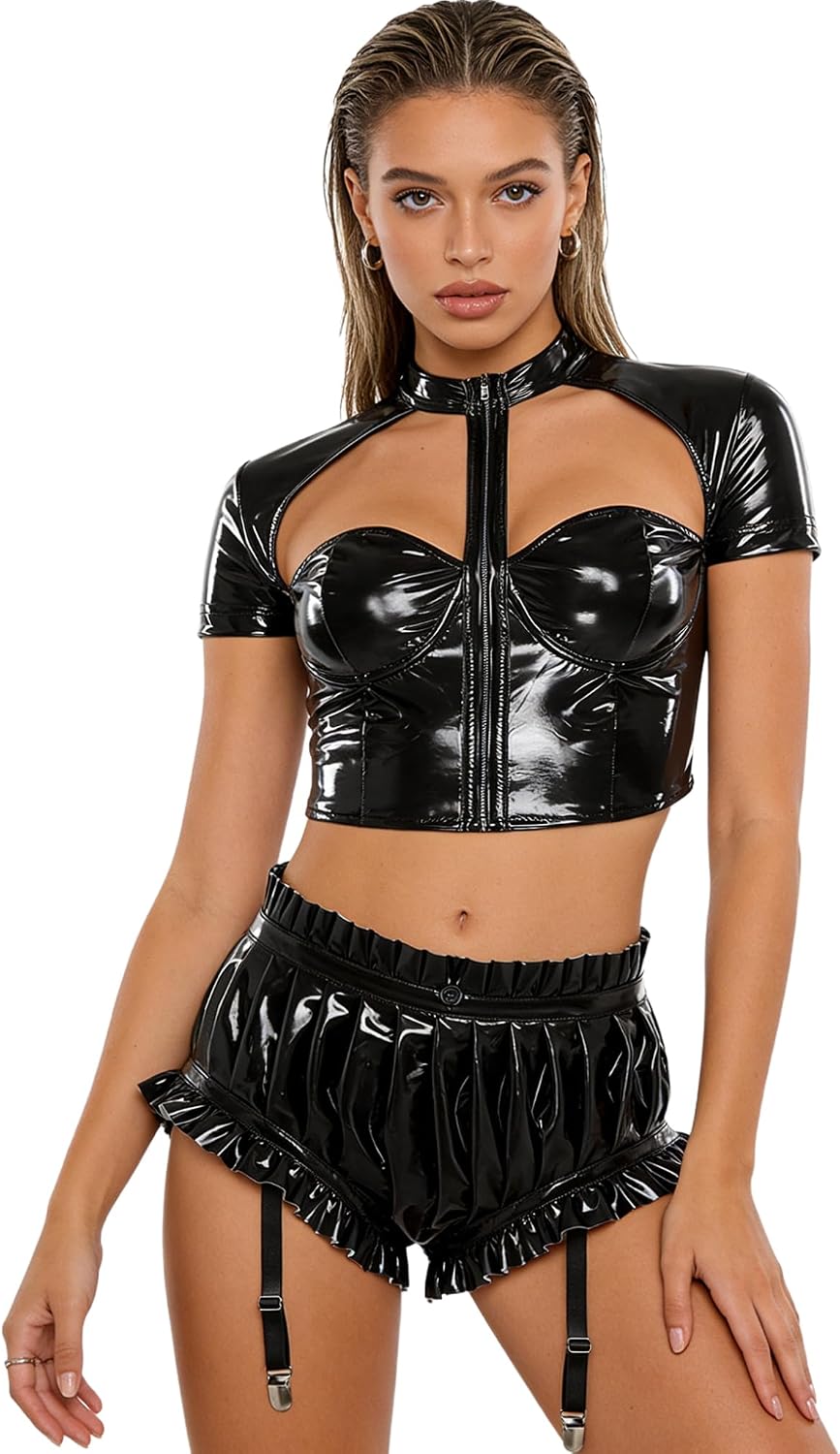 Freebily Women Crop Top and Panty Set Hollow Out Latex Outfits Patent Leather Zipper Tops Panties Set