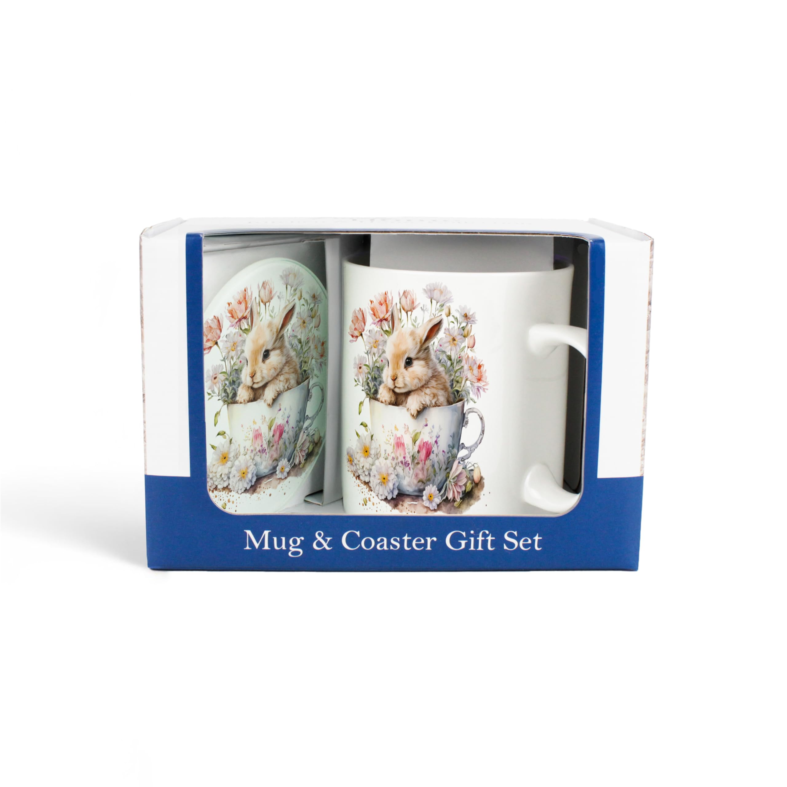 Purely Home Bunny Mug & Coaster Gift Set - Teacup & Flowers Bone China Mug and Glass Coaster Set - Tea/Coffee Present