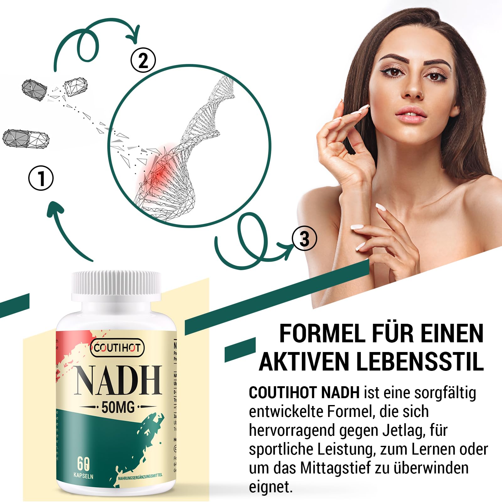 NADH 50 mg – 120 Kapseln, reduzierte Form von NAD+, hochdosiert mit Coenzym Q10 (200 mg) & D-Ribose (150 mg), GVO-frei, glutenfrei