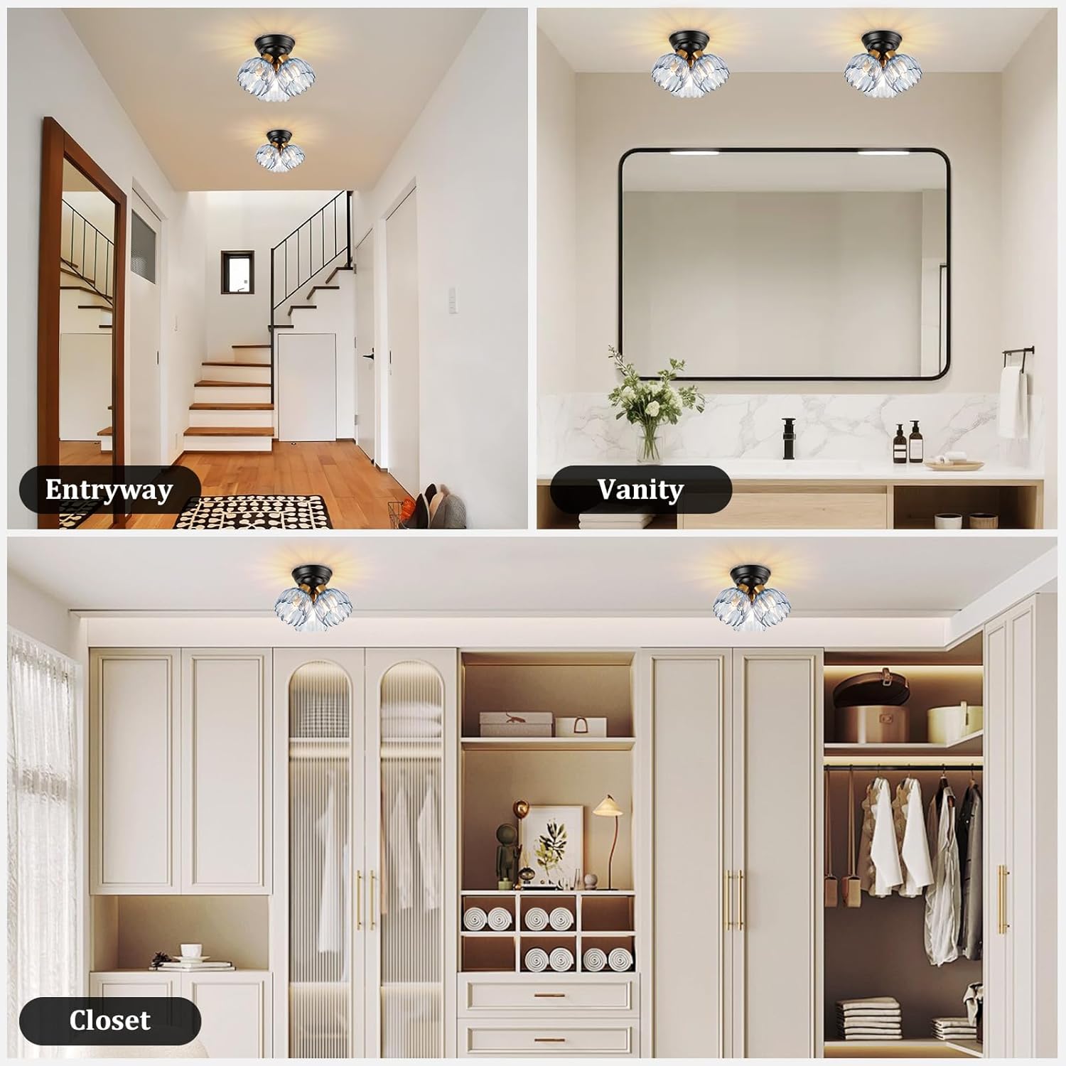 TALOYA Semi Flush Mount Ceiling Light,3-Light Close to Ceiling Light Fixtures with Blue Tulip Glass Shades Modern Farmhouse Lighting Fixtures for Hallway Corridor Kitchen Bathroom Bedroom Passway
