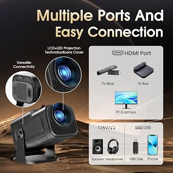 Gaimoo Mini Projection, 4K FHD 1920x1080P, 180° Rotatable, Portable, WiFi 6 and BT 5.2, Android and iOS, Mouse and Remote Control, Black