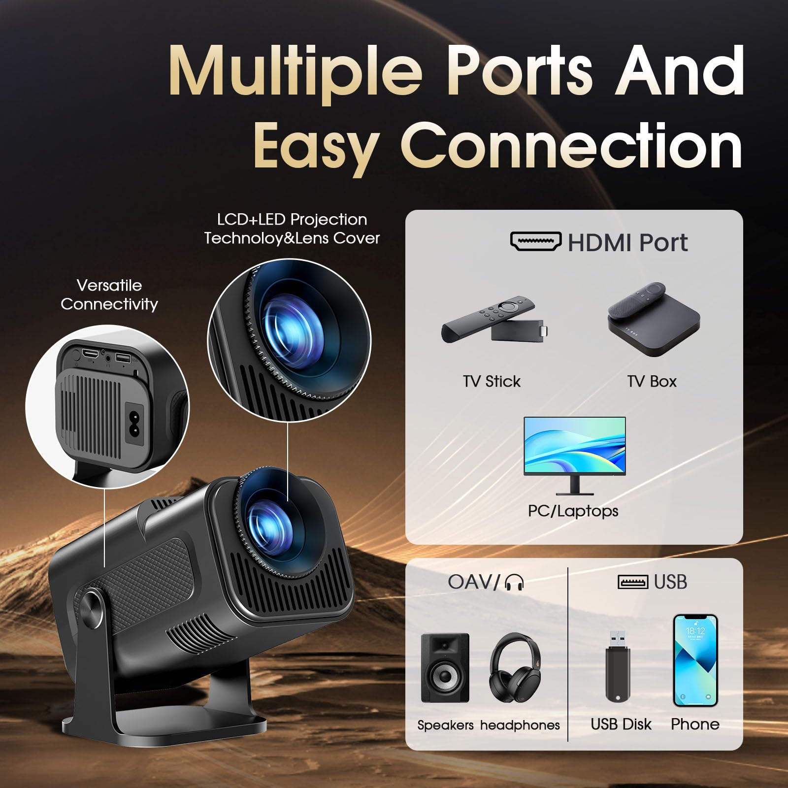 Proyector Portátil 2026 Upgraded 1920x1080P 4K Supote WiFi 6 Bluetooth 5.2 | App Integrada, Dual Control, 180° Rotation, Compatible con HDMI/TV Stick/USB/Laptop, Home Outdoor Videoproyector, Negro