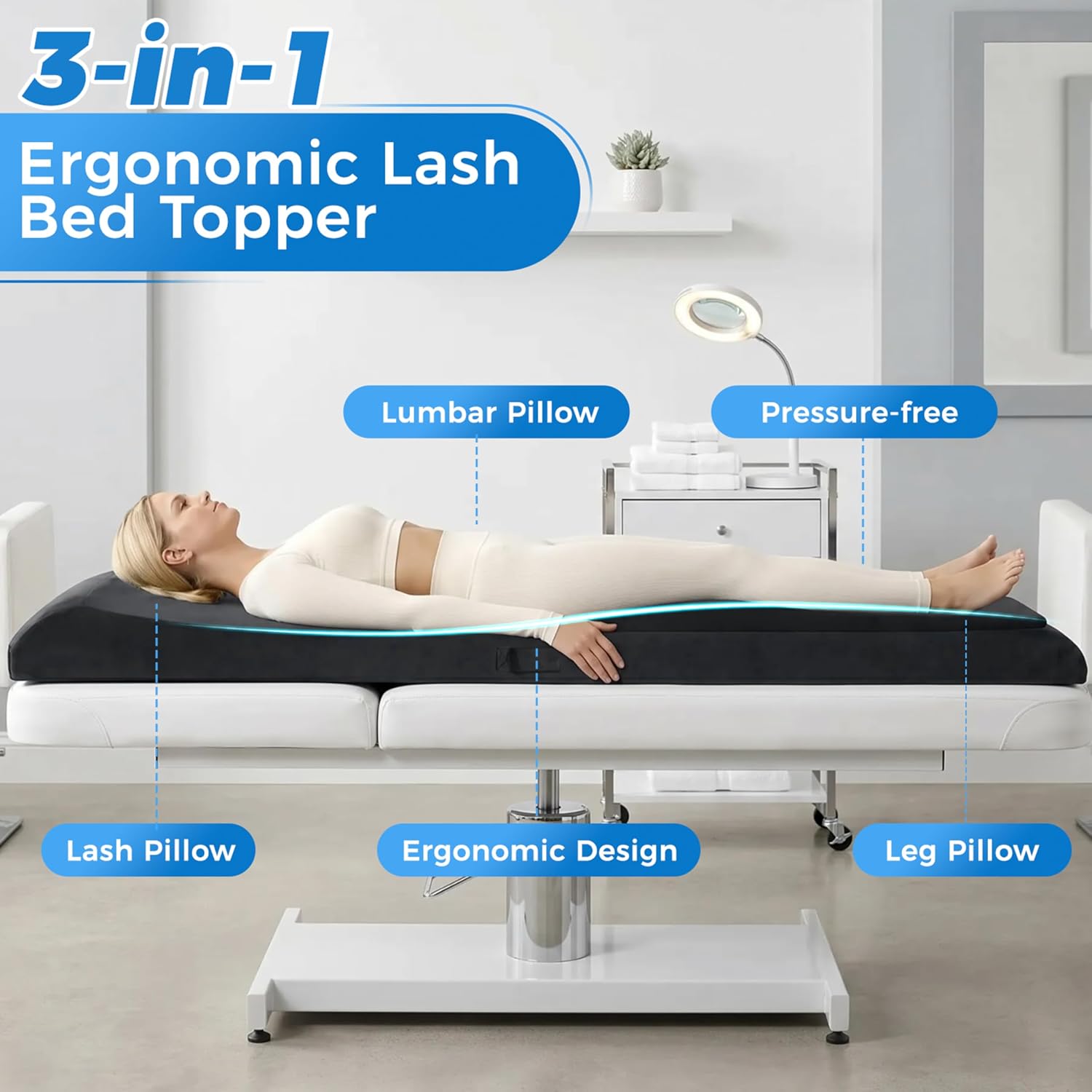 Lash Bed Topper, 70"×28" Ergonomic Curvy Foldable Massage Bed Topper, Non-Slip Esthetician Foam Bed Cushion with Soft Removable Cover for Spa/Massage/Eyelash/Tattoo/Facial/Beauty Salon, Black