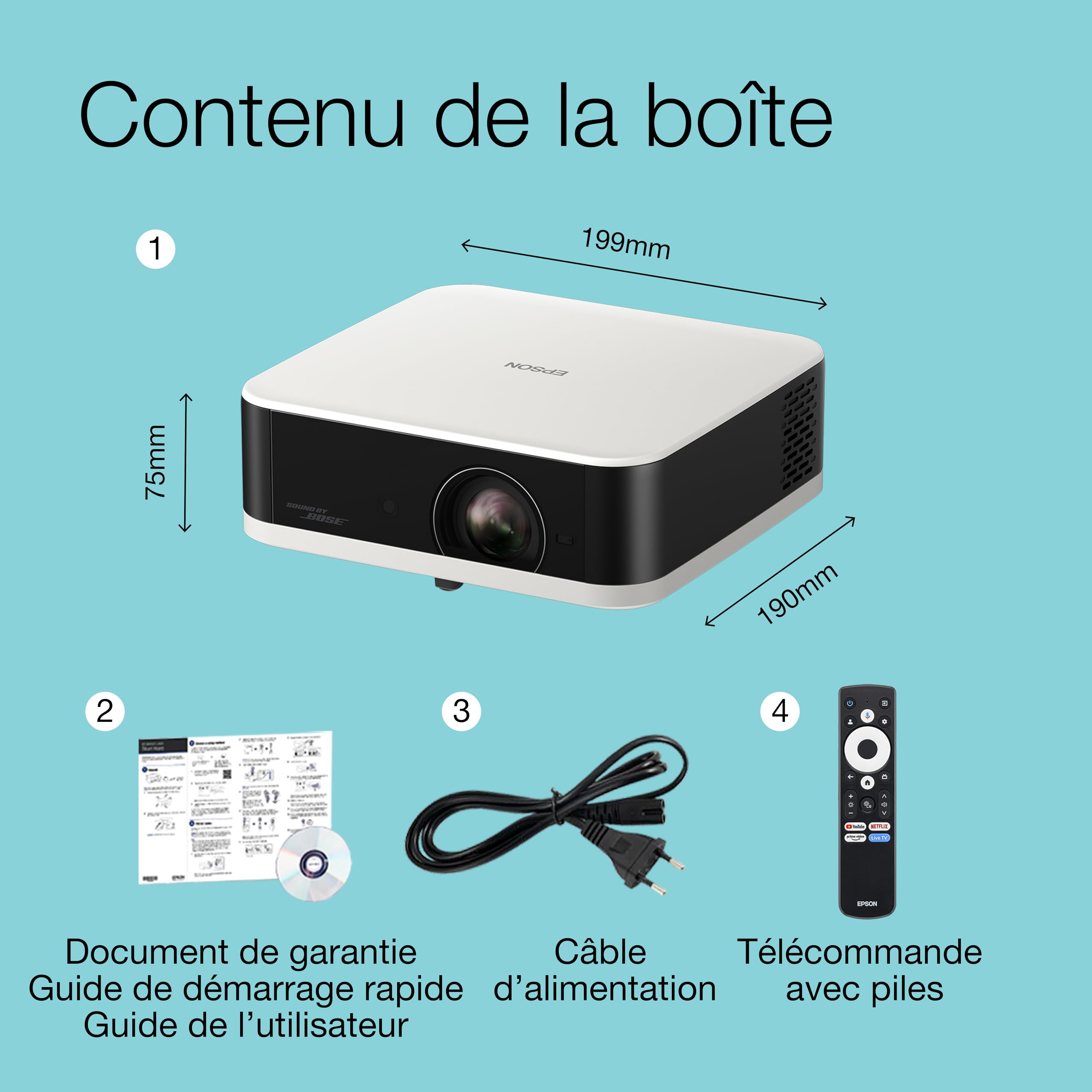 Epson Lifestudio Pop EF-61W | Projecteur TV Intelligente Portable, HD intégrale 1080p | Sound by Bose | 700 lumens | 3LCD x RGB-LED | Google TV | Config. aisée | Écran 150 po | Garantie 5 Ans | Blanc