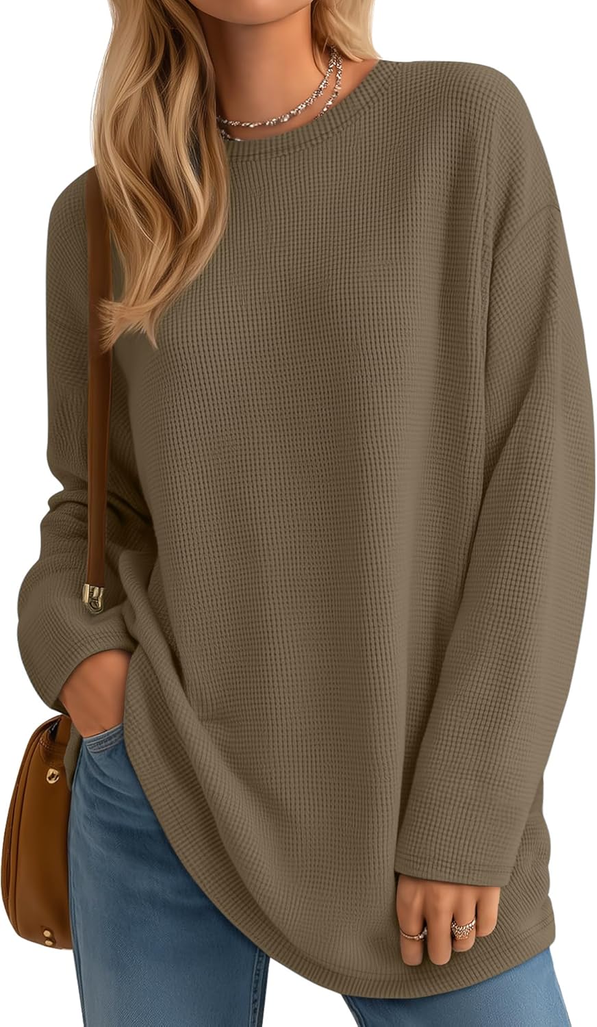 Velvelhall Womens Long Sleeve Sweatshirts Oversized Waffle Knit Tunic Tops Casual Crewneck Long Shirts