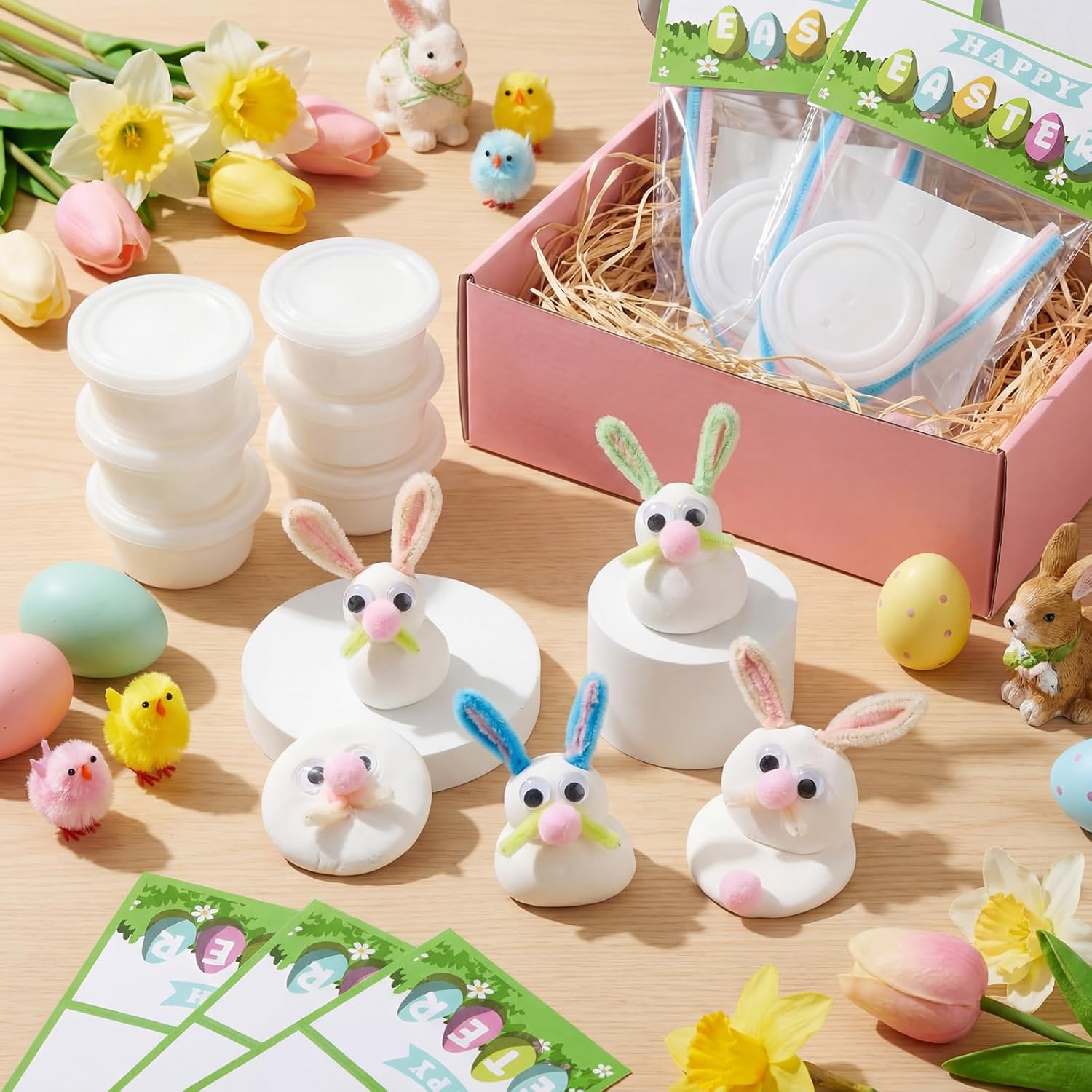 ForraFun 24 Sets Easter Craft Kits DIY Bunny Clay Ornaments Make Your Own Bunny Air Dry Clay for Easter Party Supplies Goodie Bags Basket Stuffers Fillers Home Activities Holiday Gift