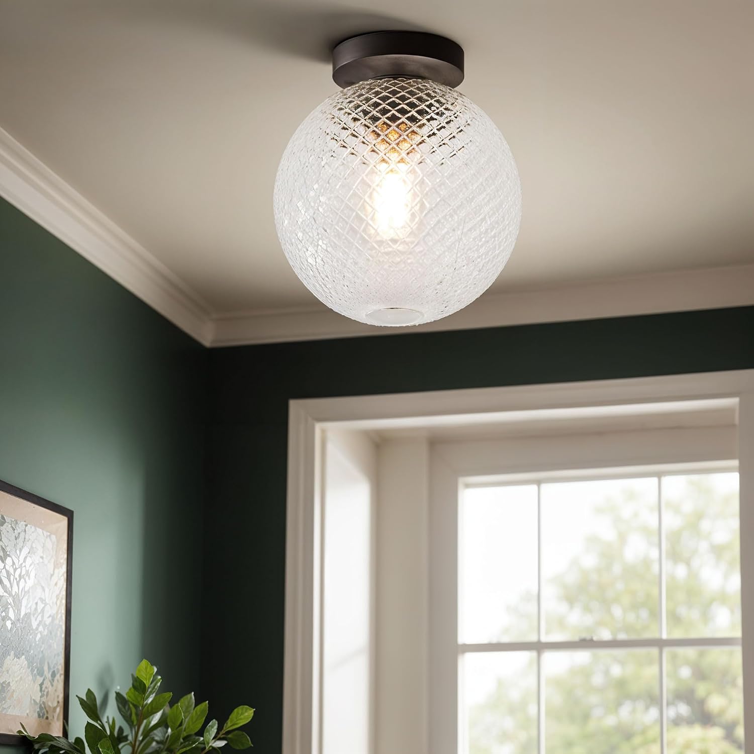 Kenroy Home Black Round Glass Prismatic Globe Semi Flush Mount Ceiling Light with Low Profile Design for Bedrooms, Hallways, and Entryways