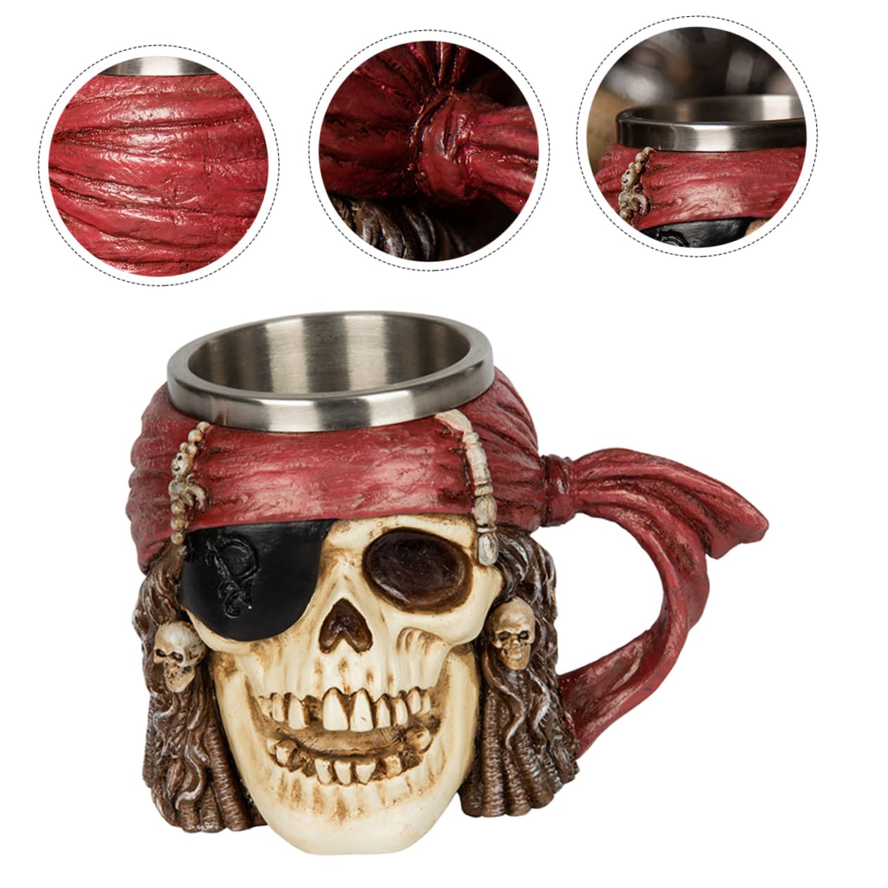 Veemoon Chope de Bière en Acier Inoxydable 304 Tête de Crâne Pirate, Mug Original en Résine Épaisse, Résistant et Décoratif pour Café et Bière