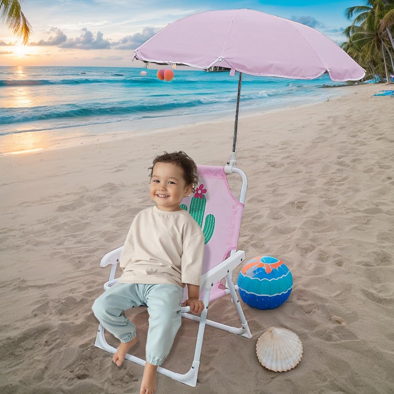 Kids Beach Chair with Umbrella, Foldable & Detachable Portable Oxford Cloth Cute Kids Beach Chair with Canopy for Outdoor Summer, Cactus, Camping Hiking