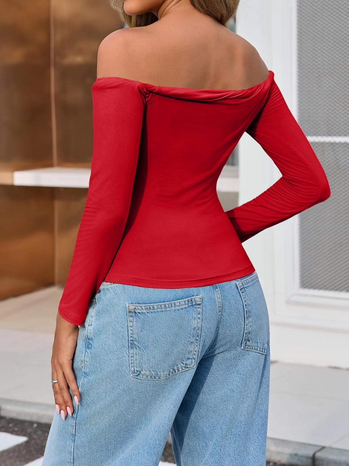 Tankaneo Womens Off The Shoulder Tops Going Out Crop Slim Fit Long Sleeve Shirts Y2K Ruched Cute Blouse - Image 2