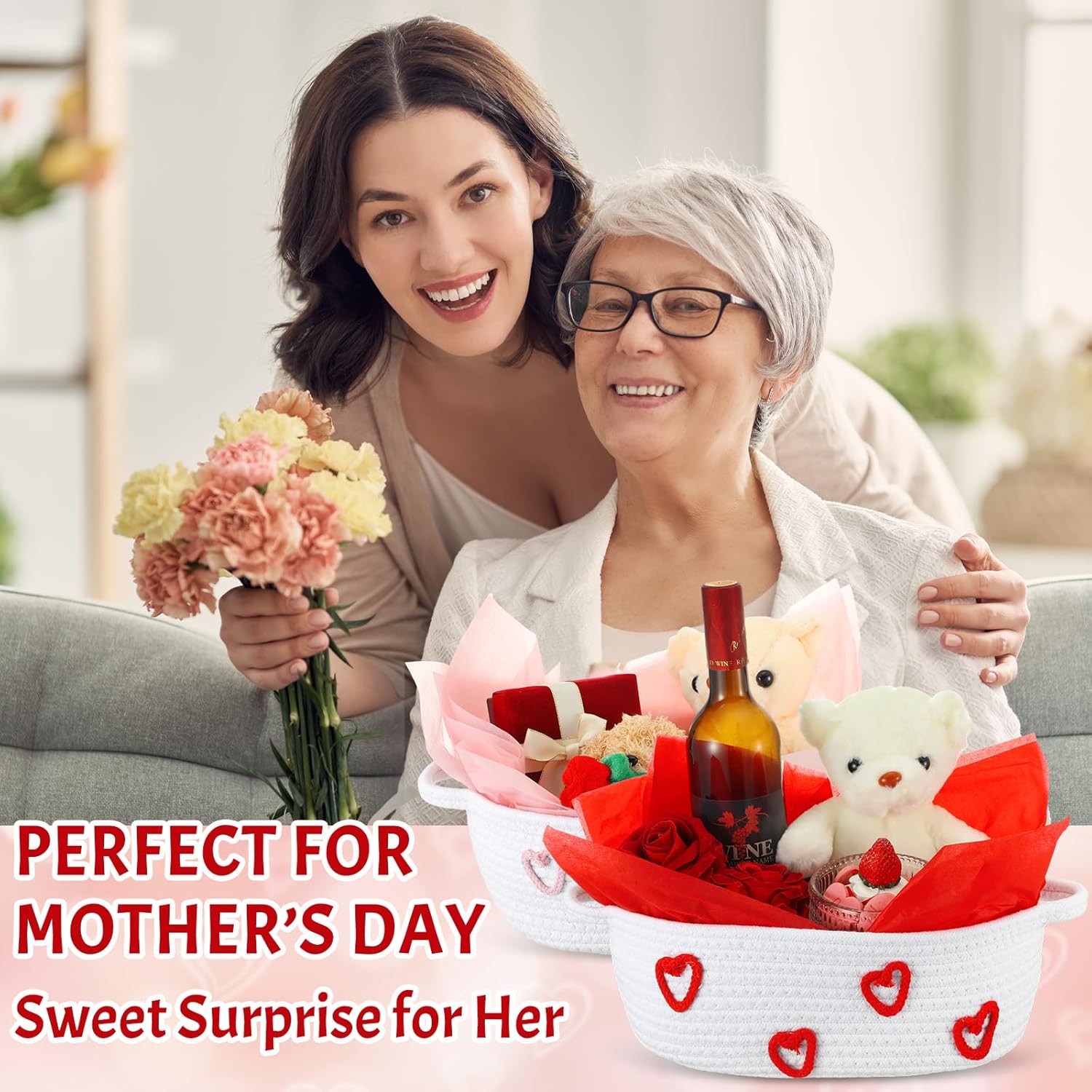 Bucherry 2 Sets Valentine's Day Gift Basket Set with Handles Include 2 Decorative Rope Woven Gift Basket Storage Organizer Cube and Tissue Papers for Anniversary Party Supplies(Heart Style,White)
