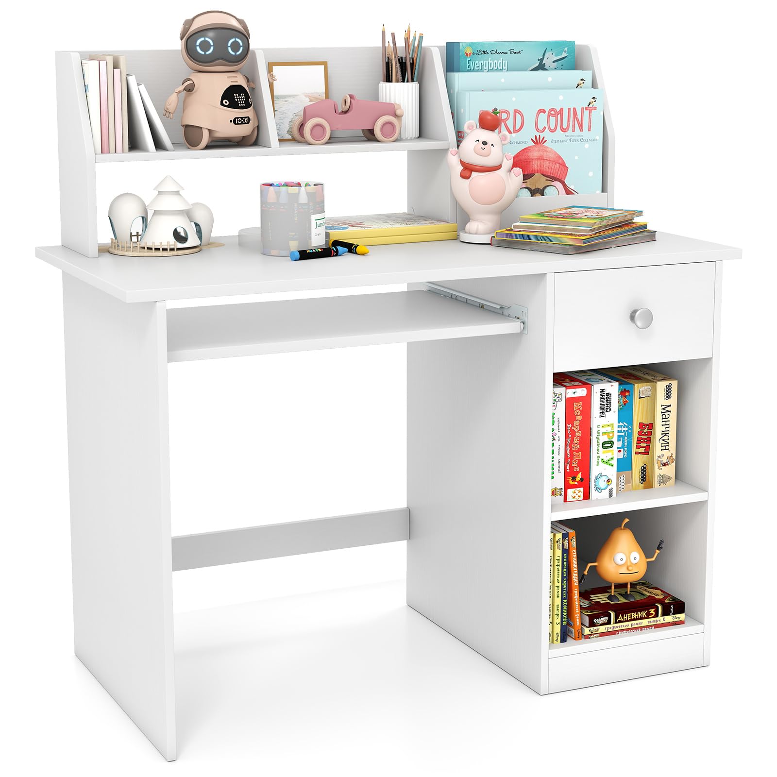 DREAMADE Schreibtisch Kinder mit Bücherregal & Schublade & Ablage & Tastaturablage, Jugendschreibtisch Schülerschreibtisch, Kinderschreibtisch aus Holz für Jungen und Mädchen, 90x45x90cm (Weiß)