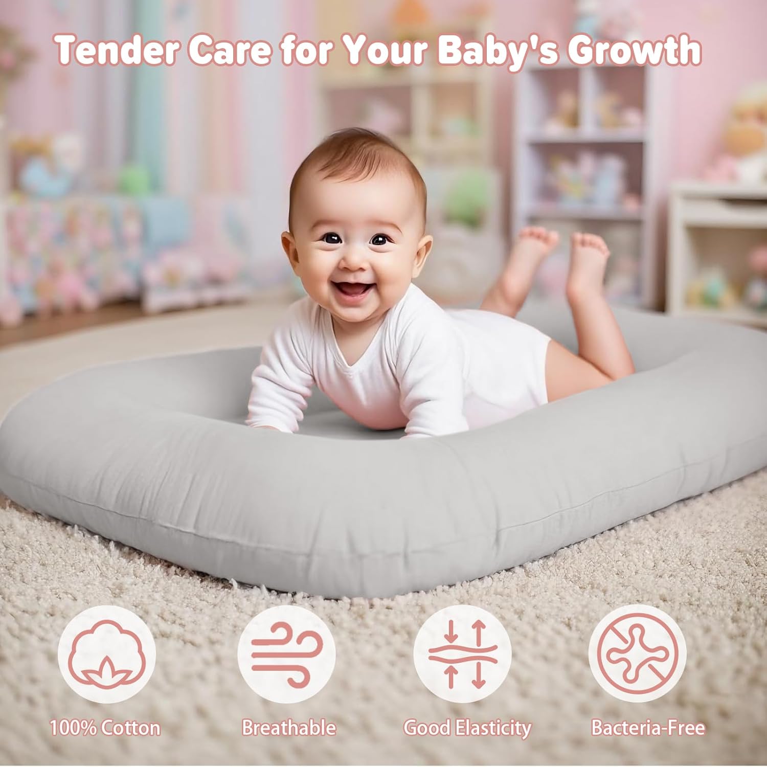 Baby Lounger for Infants Babies 0-24 Months, Bionic Organic Lounger, Soft Cotton Breathable Infant Floor Seats & Loungers for Newborn Baby Shower Gifts (Grey)