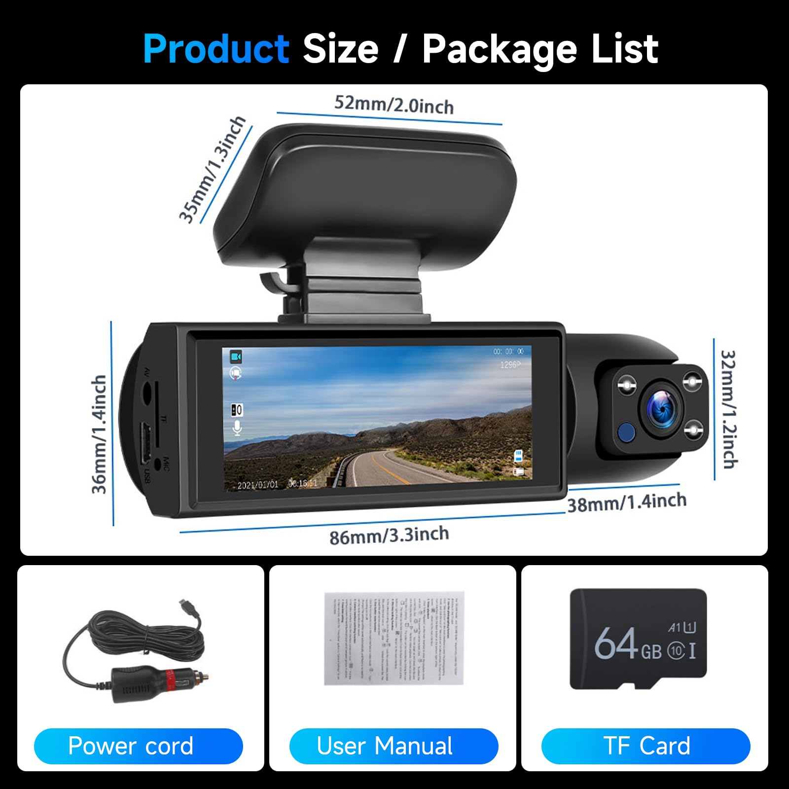 Dash Cam Avant et Interieur pour Voitures, FHD 1080P Camera Embarquée Voiture 3,16” IPS Dashcam, G-Capteur, Mode Parking, Enregistrement en Boucle, Caméra Voiture Vision Nocturne Carte SD 64G Hodozzy