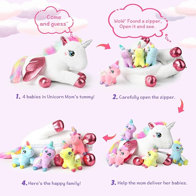 Juguete de peluche unicornio mamá con 4 crías miniatura 3