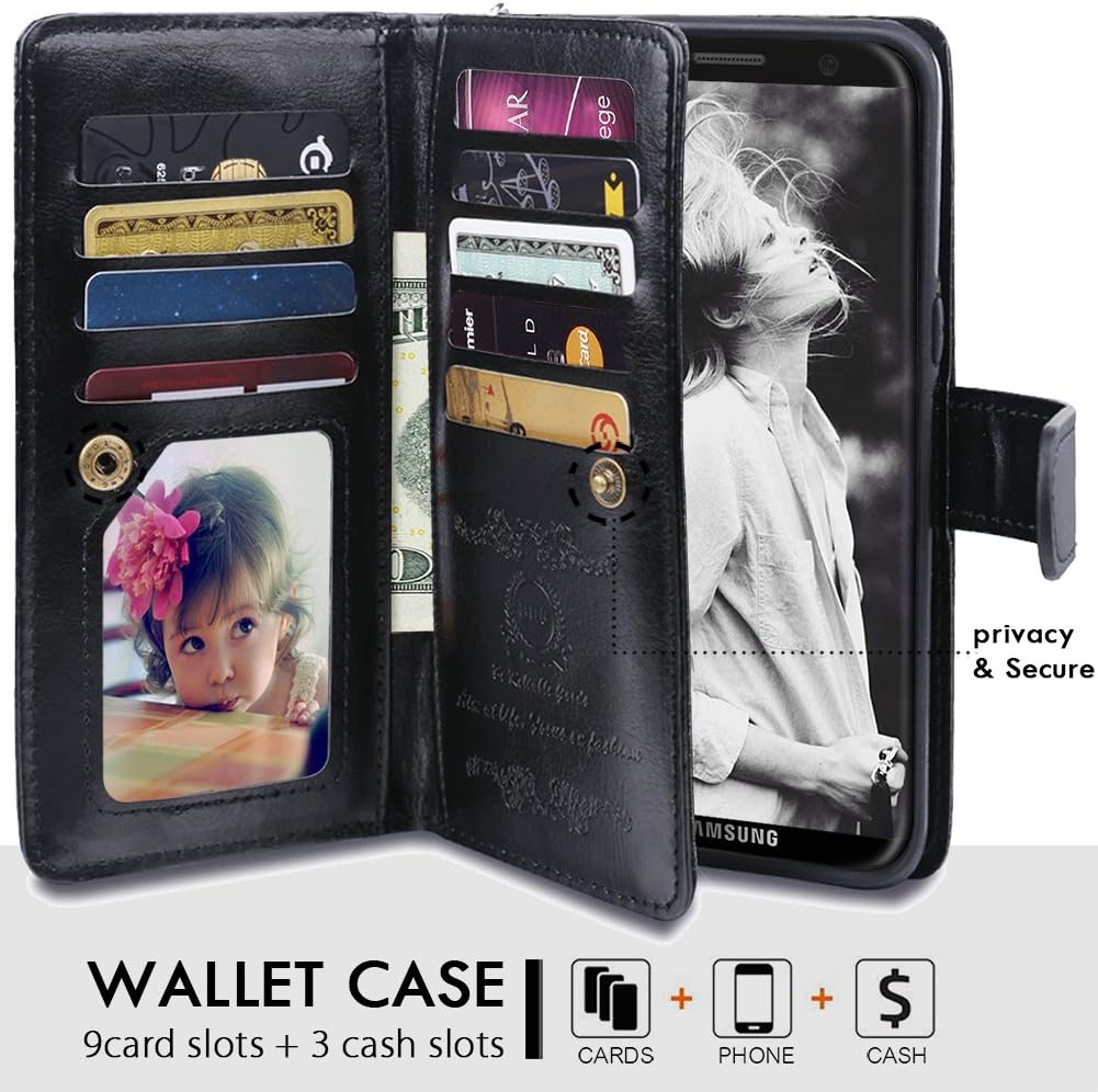 Galaxy S8 Plus Cases,Magnetic Detachable Lanyard Wallet Case with [8 Card Slots+1 Photo Window][Kickstand] for Galaxy S8 Plus-6.2 inch, CASEOWL 2 in 1 Premium Leather Removable TPU Case(Black)