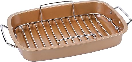 Heavy Gauge, Carbonized Steel, Commercial Kitchen Grade Copper Non-Stick Roaster with Chrome Floating Rack for 22 lb Turke...
