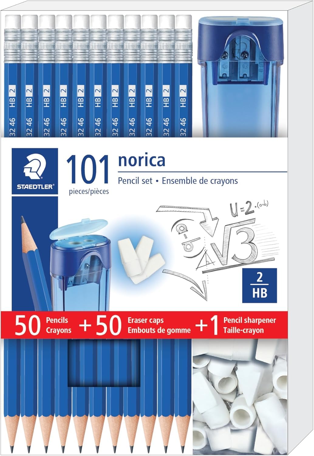STAEDTLER Norica Bleistift-Set, 50 Bleistifte + 50 Radiergummis + Spitzer, 4 Stück | Vorgespitzte, #2 HB-Bleistifte, Doppellochspitzer, bruchfeste Mine, Schulpackung