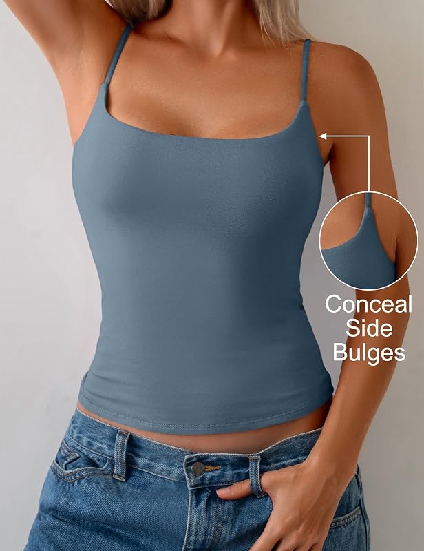 PrettyGuide Womens Cotton Shelf Bra Cami Tank Tops Square Neck Spaghetti Strap Tight Fitted Basic Summer Sleeveless Y2K Tops Kyanite S image 5