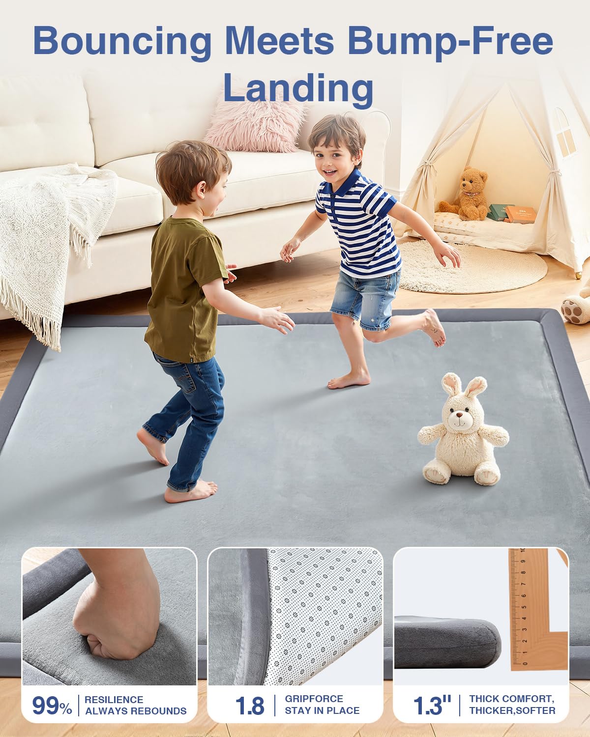 Baby Play Mat for Floor,1.3 Thick 47x47 Play Mat for Playpen,Tummy Time Foam Mats,Plush Soft Padded Playmate for Babies 6-12 Months Crawling,Non-Slip Nursery Rug for Toddler Kids Playroom(Grey)