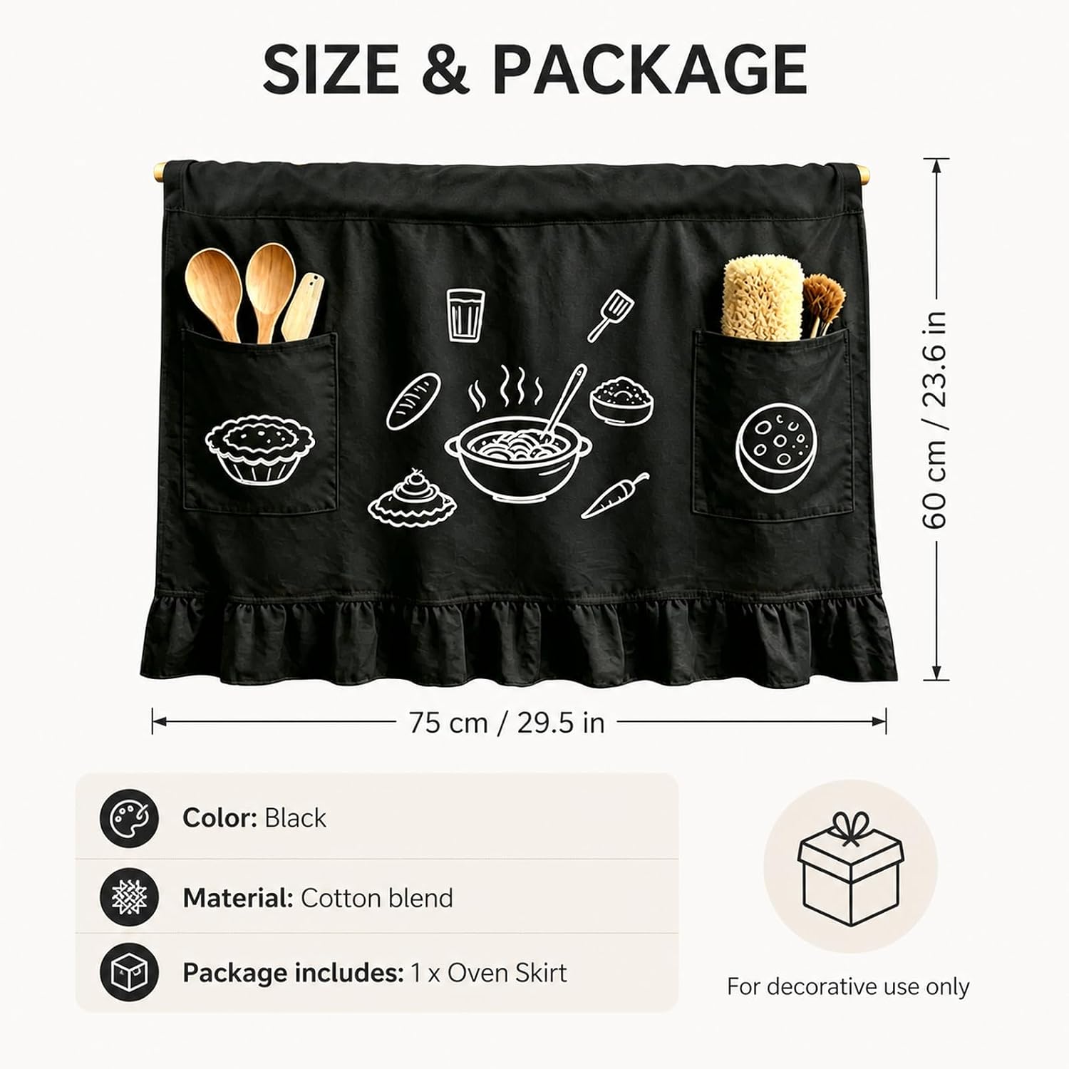 Black Oven Skirt Stove for Kitchen Decor, Farmhouse Oven Door Curtain with 2 Large Pockets,Hook-and-Loop Closure,Ruffled Trim, Cotton Blend Decorative Stove Skirt for Kitchen Home Decor