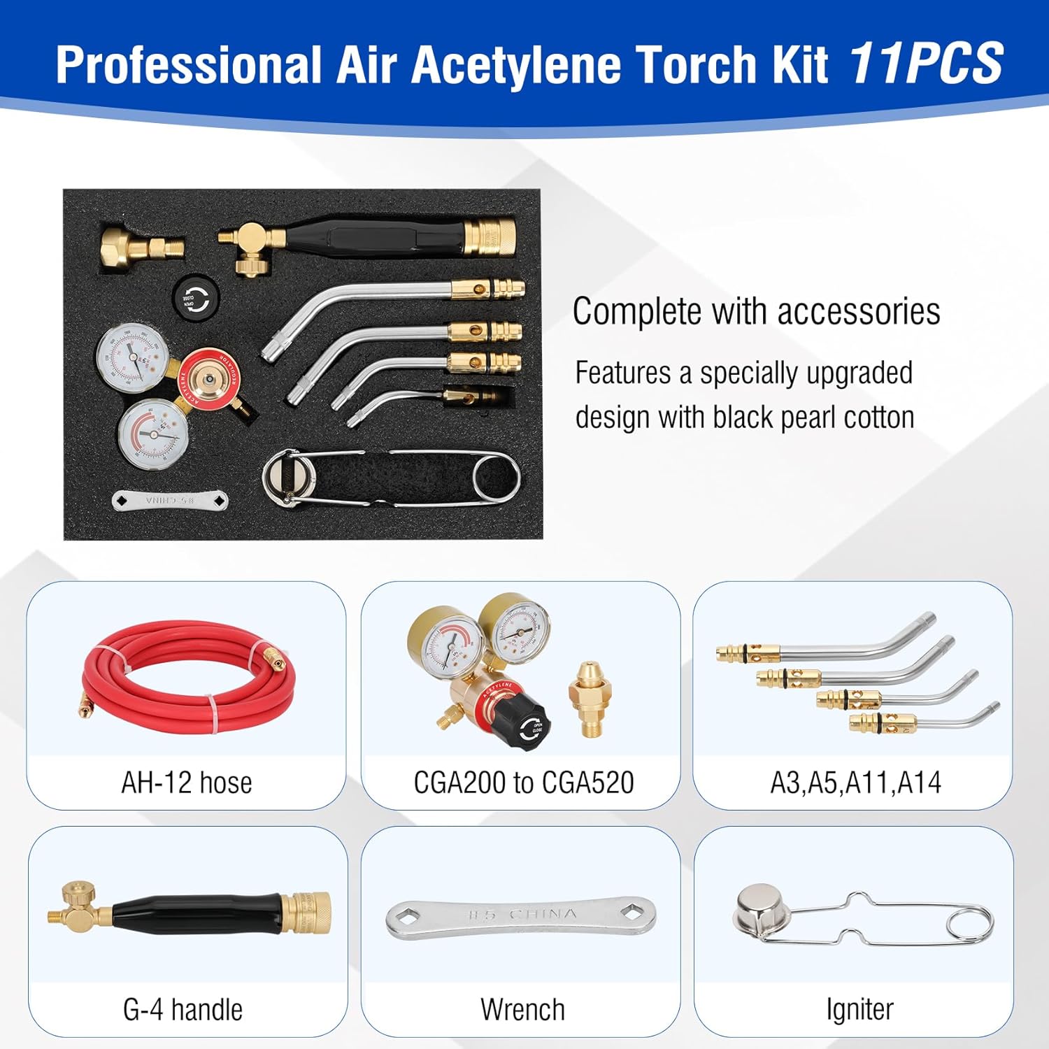 Air Acetylene Torch Kit, 11-Piece Professional Turbo Torch Kit,Includes CGA200 Regulator, G-4 Handle, AH-12 Hose, 4 Turbo Torch Tips (A-3/A-5/A-11/A-14) & Adapter for Welding, Brazing & Heating