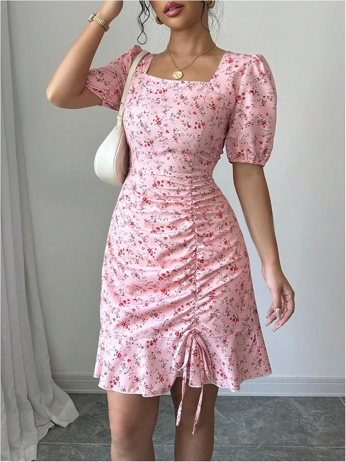 Floerns Women's Floral Square Neck Short Sleeve Boho Dress Drawstring Ruffle Hem Short Dresses - Image 5