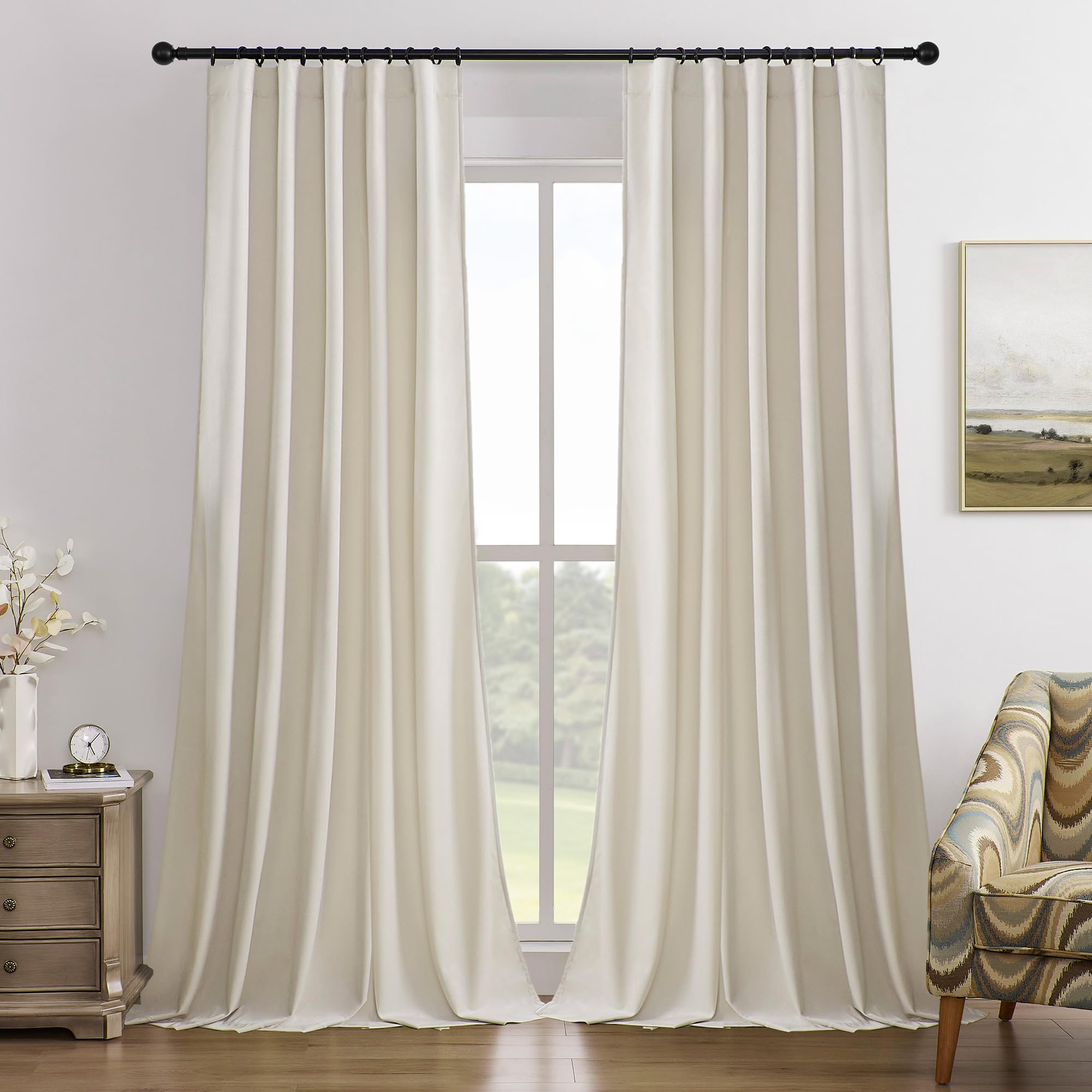 Timeper Beige Cream Pleat Back Tab Velvet Curtains W42 x L96 inches 2 Panels, Room Darkening Solid Home Decor Curtains for Bedroom Living Dining Room Thermal Insulated Luxury Super Soft Window Drapes — image 1