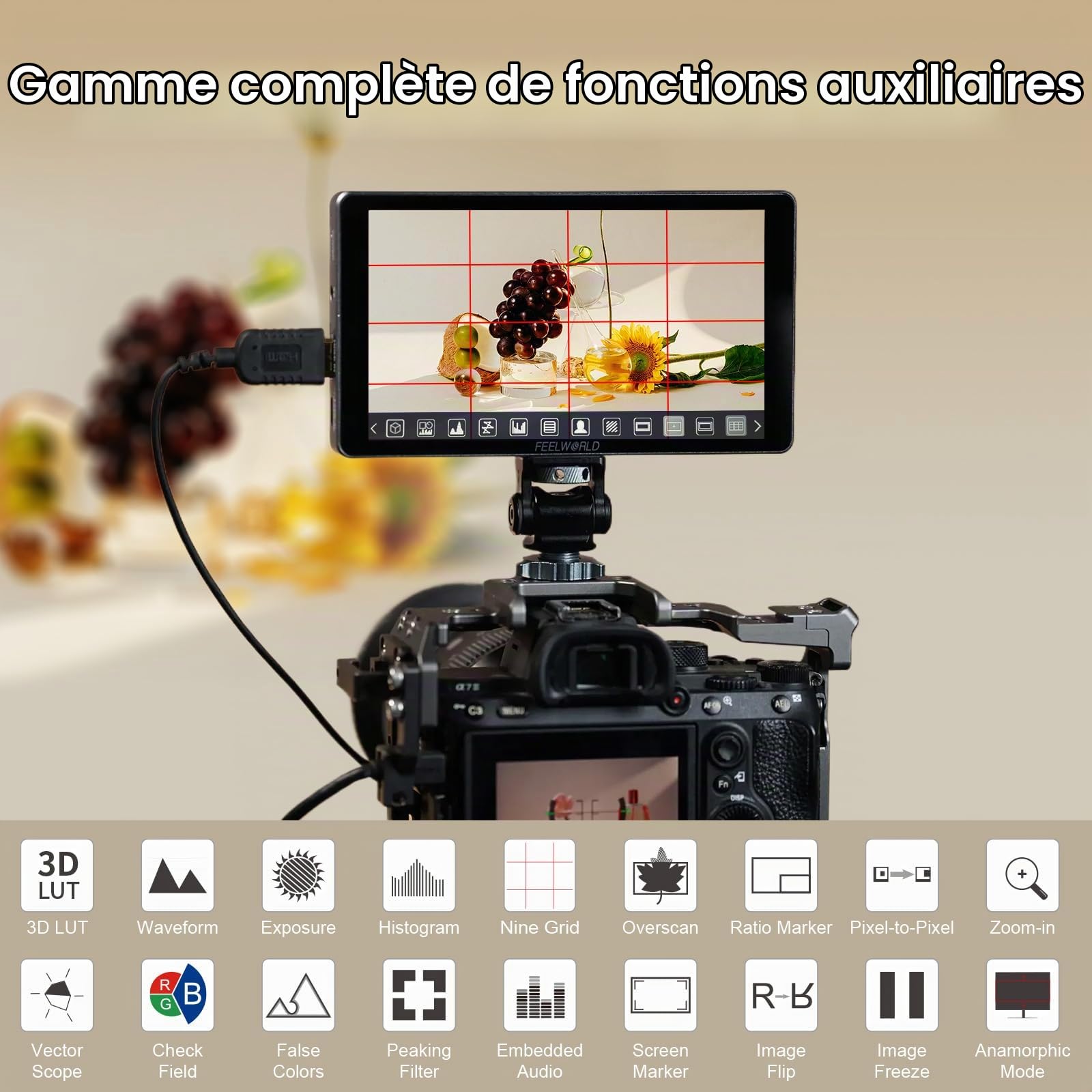 FEELWORLD P6XL 6 Pouces Moniteur de Terrain Tactile,1200 nits Batterie intégrée 3000 mAh Compatible CNC résolution 4K Full HD (1920 x 1080p), entrées/Sorties HDMI, LUT 3D