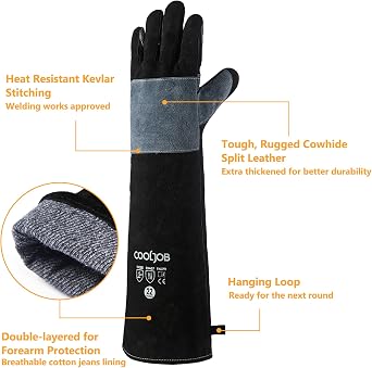COOLJOB Bite Proof Animal Handling Gloves, Cowhide Leather with Kevlar Stitching for Cat Grooming, Dog Training, 16/22