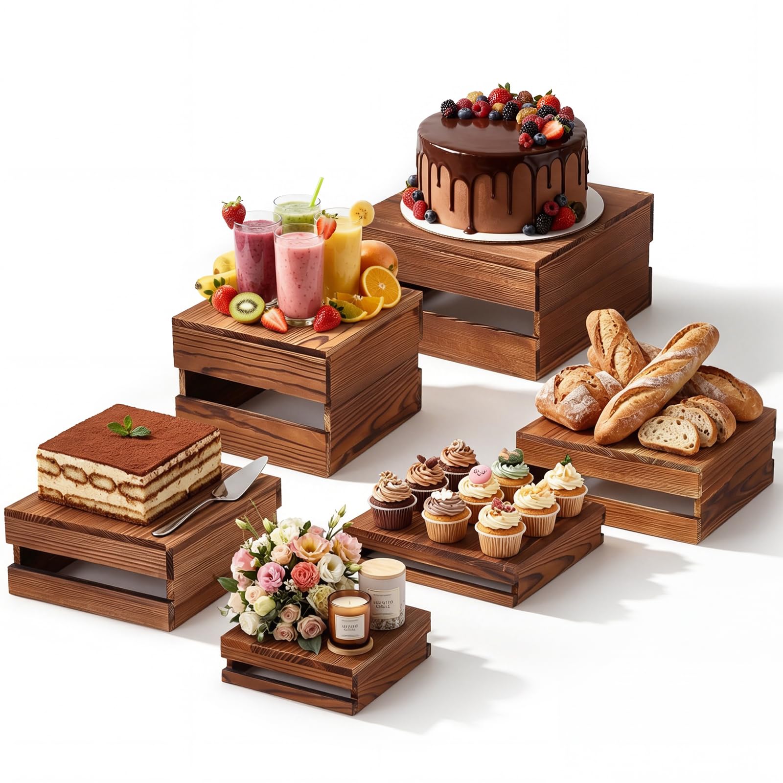 6 Pack Wooden Risers Display Stand, Square Wood Cupcake Stands Food Risers, Food Risers for Buffet Wooden Crates, for Birthday, Parties, Wedding Home Decor