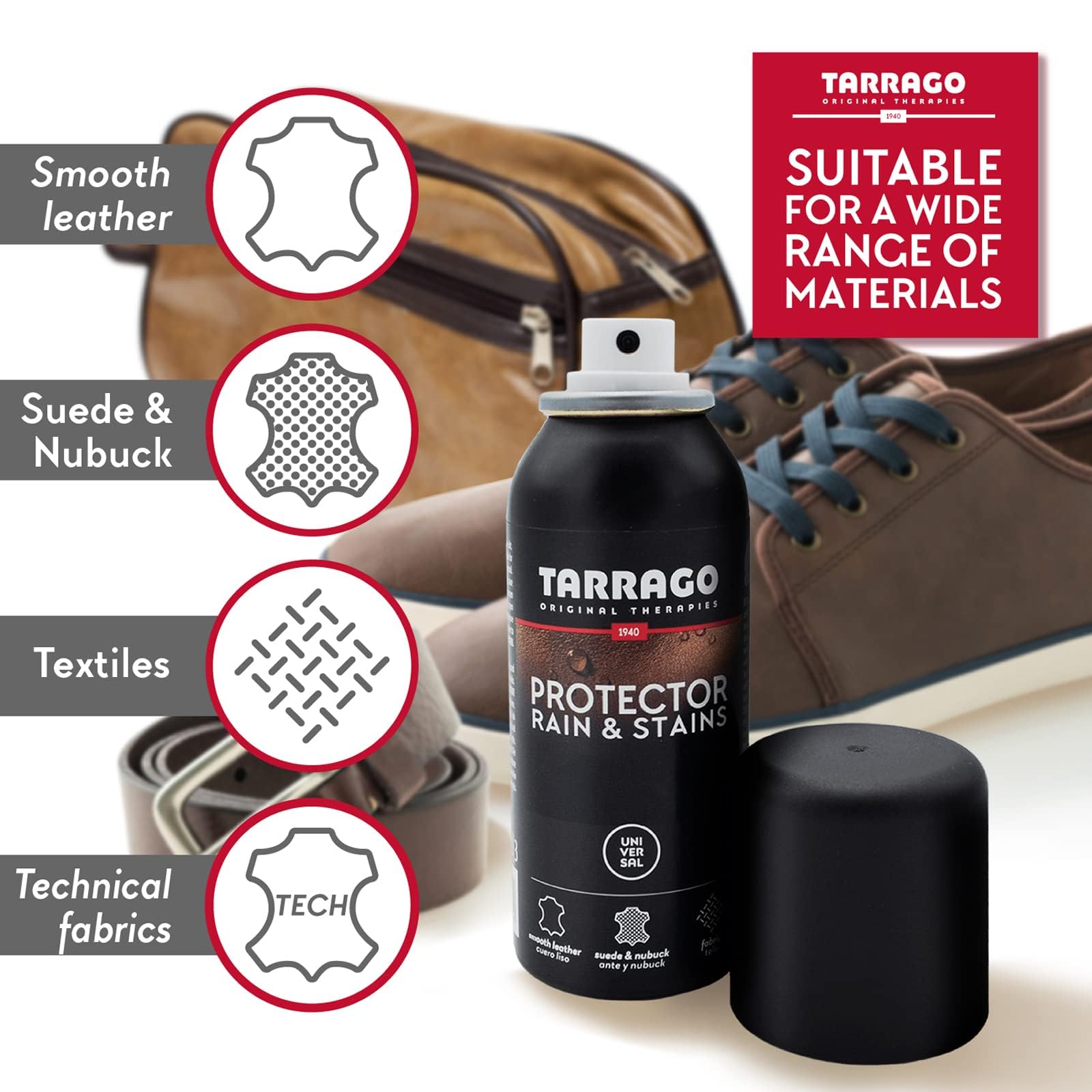 Tarrago Protector Universal | Spray Impermeabilizante para Calzado | Para Superficies de Cuero y Textiles | Protege del Agua y Lluvia | Protector de calzado Invisible 250 ml