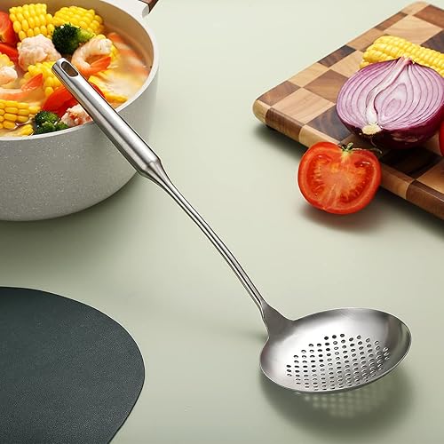 Miniatura 10 de Espumador de cocina de acero inoxidable dorado resistente, cuchara ranurada, con mango cómodo y agujeros para colgar, fácil de almacenar y apto para