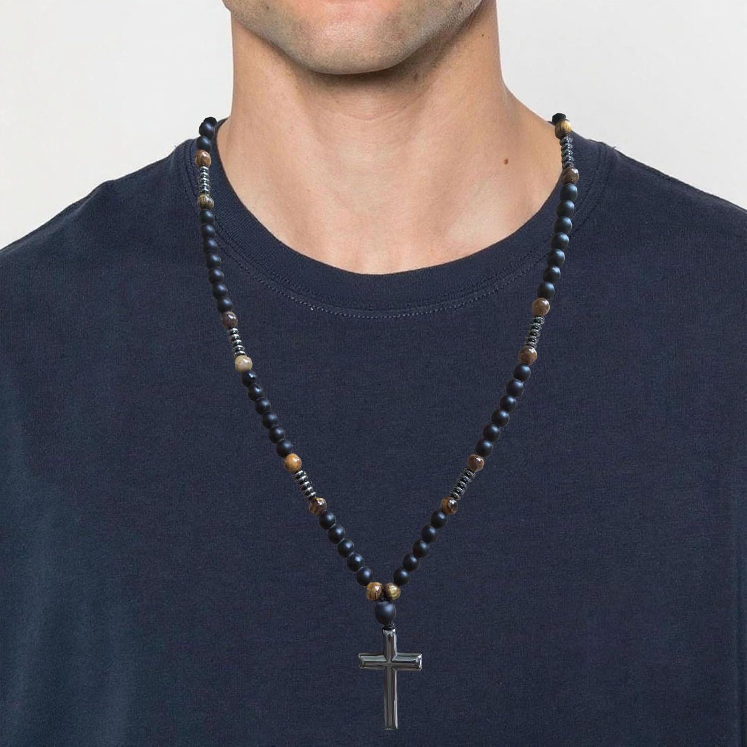 8Pcs Bracelet Beads Men Necklace Cross, 8mm Semi-Precious Gemstones Cross Beaded Bracelets Tungsten steel Necklace Set for Men Women Necklace Bracelets Jewelry Set Gift - Image 6