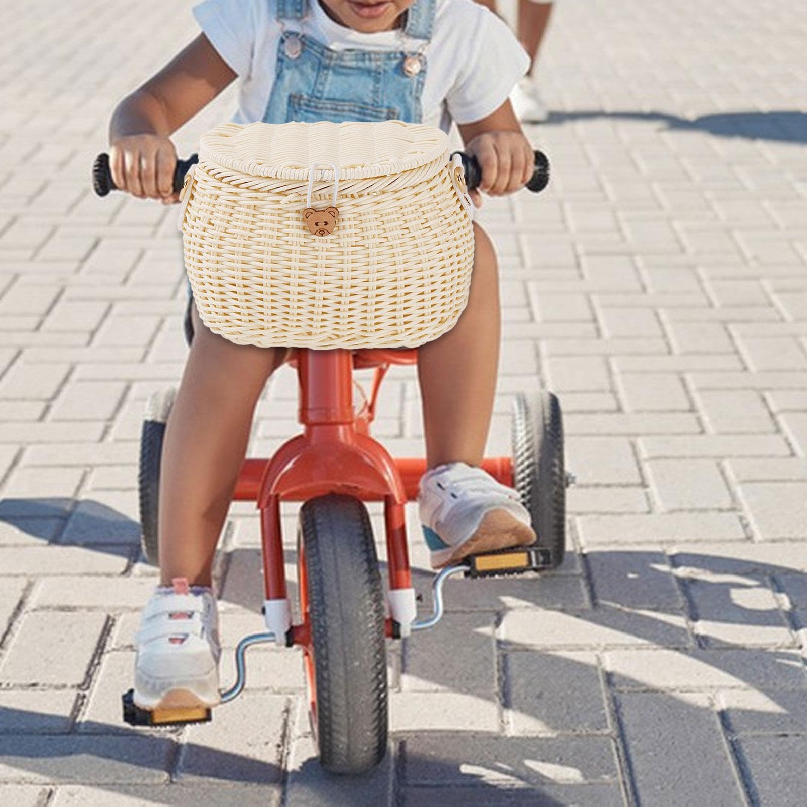 Panier Vélo Enfant pour Tricycle avec Bandoulière Amovible et Couvercle Panier Guidon Tissé Panier Bicyclette Accessoire Sac Épaule pour Balance Bike