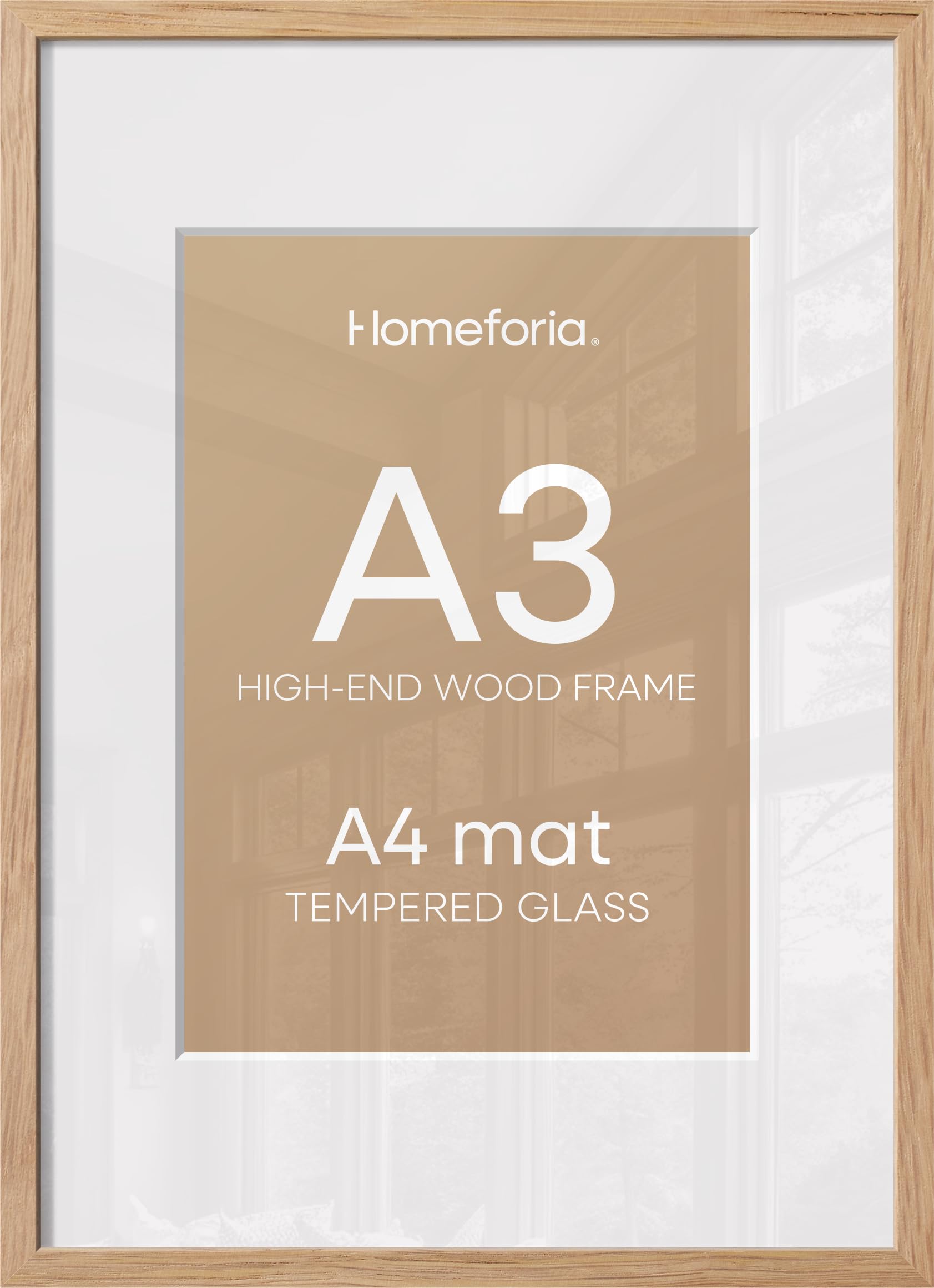 Homeforia A3 Natural Oak Picture Frame, High-End Wood, A4 Mat, Glass | High End Solid Oak Wood, Tempered Glass, Acid-Free A4 Removable Mat, A3 Edge-to-Edge Display, Wall Kit, Set Of 1