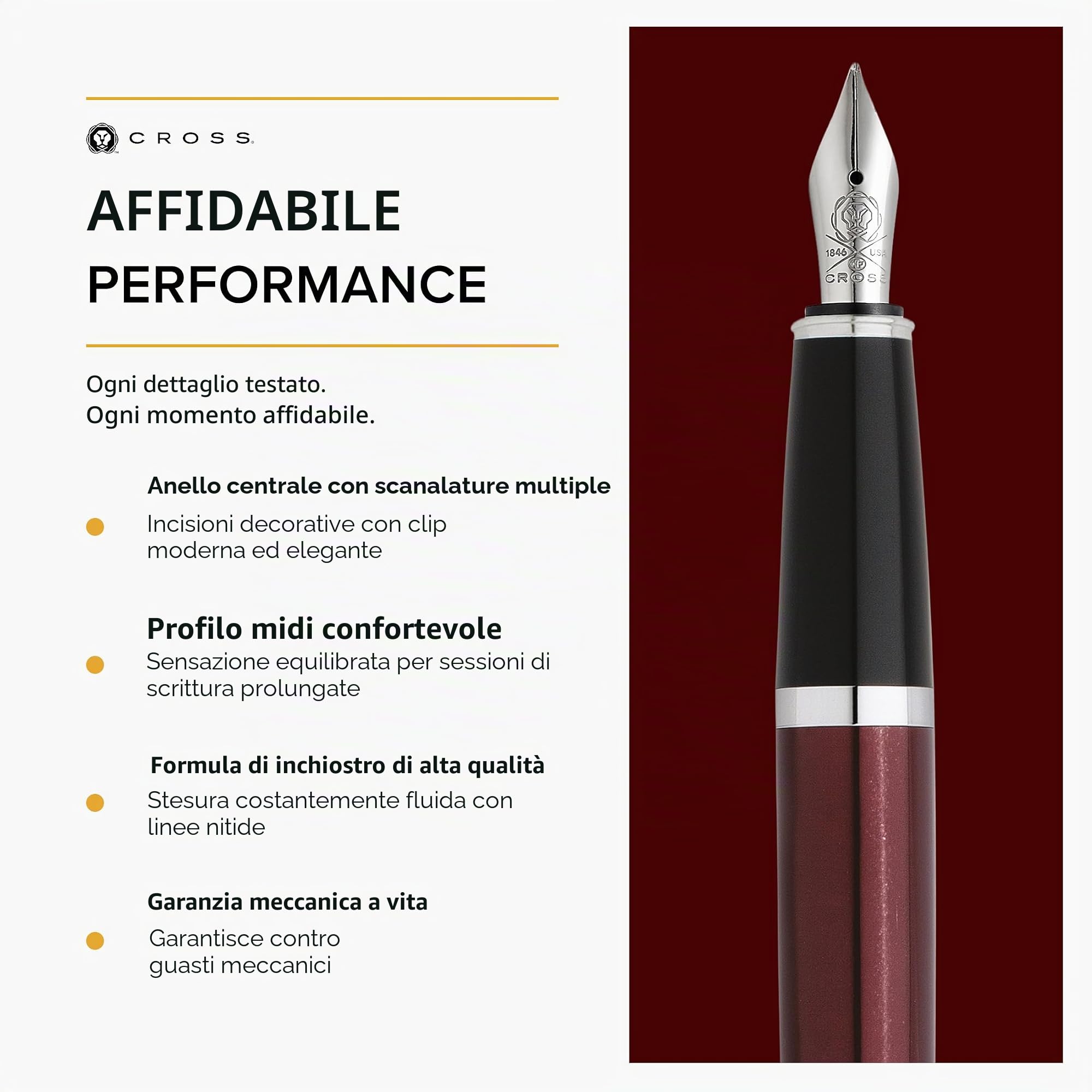 CROSS Bailey - Penna stilografica laccata rossa opaca con attributi PVD nero lucido punta extra fine