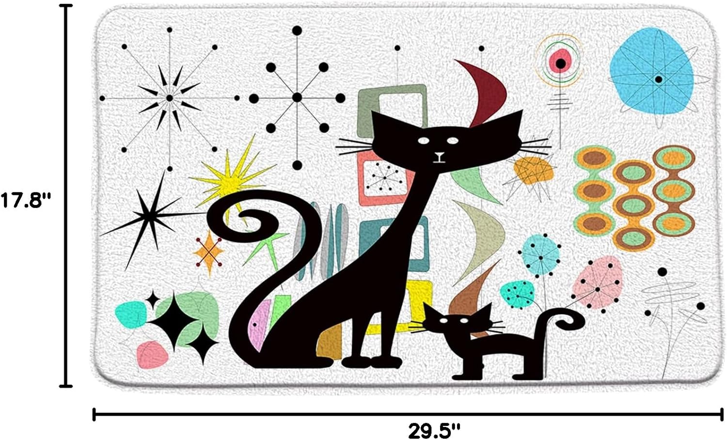 Mid Century Cat 3 Piece Bath Mat Sets,Retro Atomic Abstract Geometric 60s 50s Polka Dot Geometry Bathroom Kitchen Rugs,17.8"x29.5"Bath Mat,Toilet Seat Cover, U-Shaped Toilet